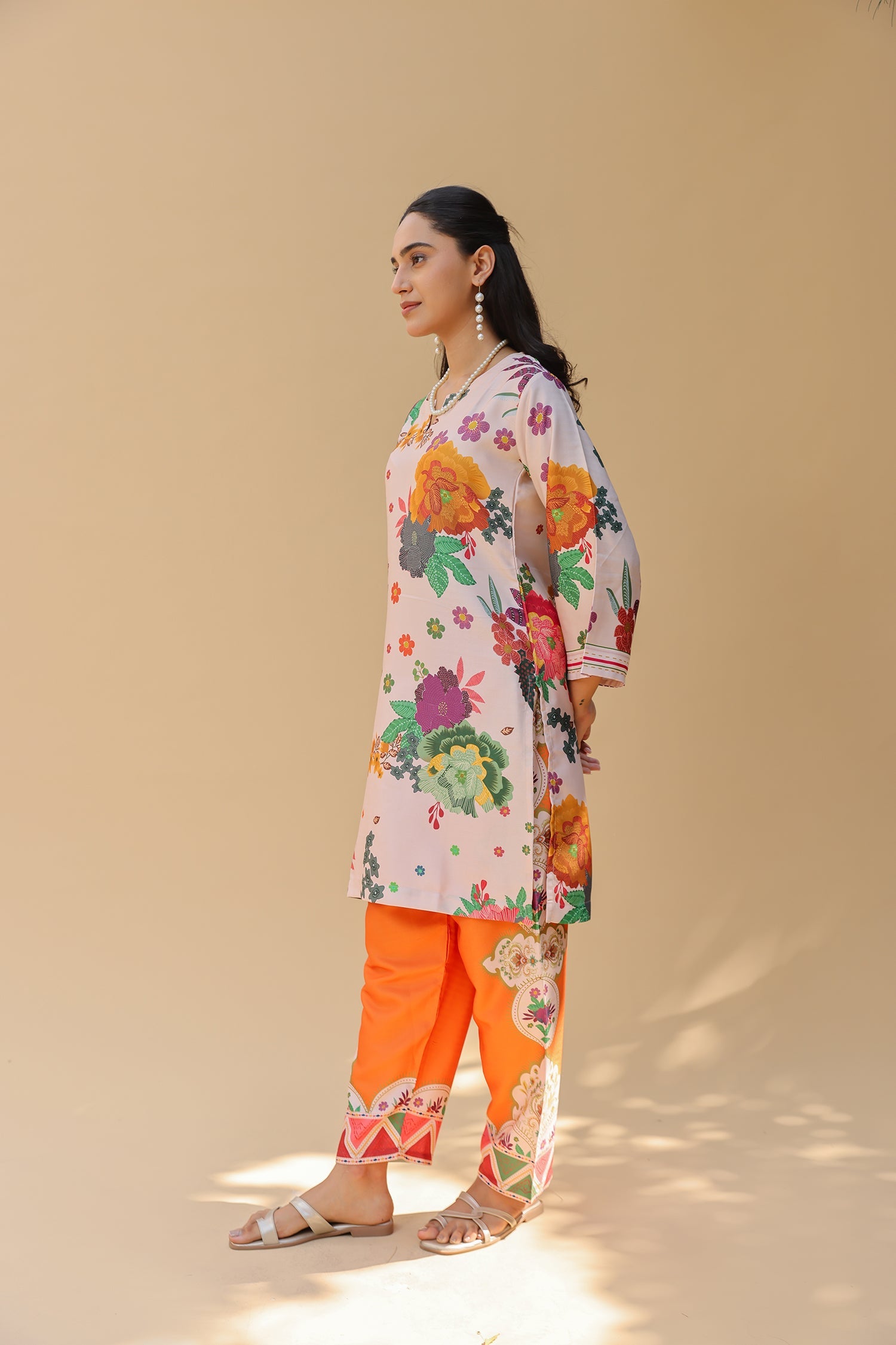 Pashmina Printkari Coord Set with Straight Bottoms – Beige & Rust