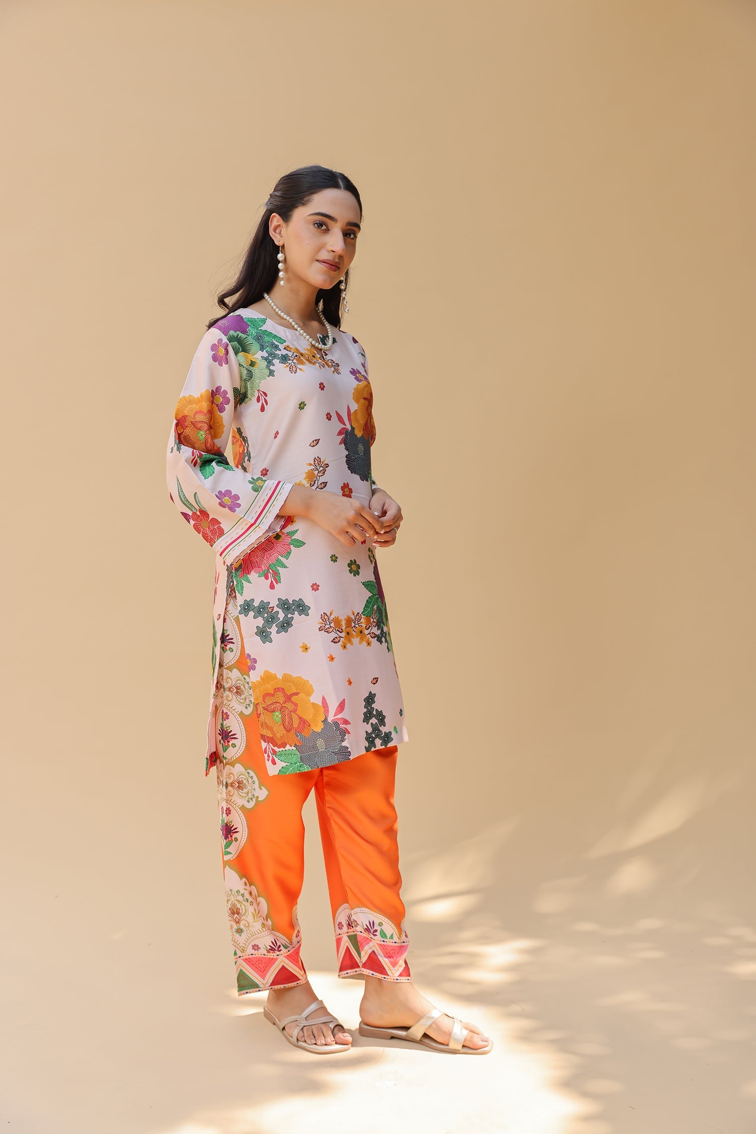 Pashmina Printkari Coord Set with Straight Bottoms – Beige & Rust