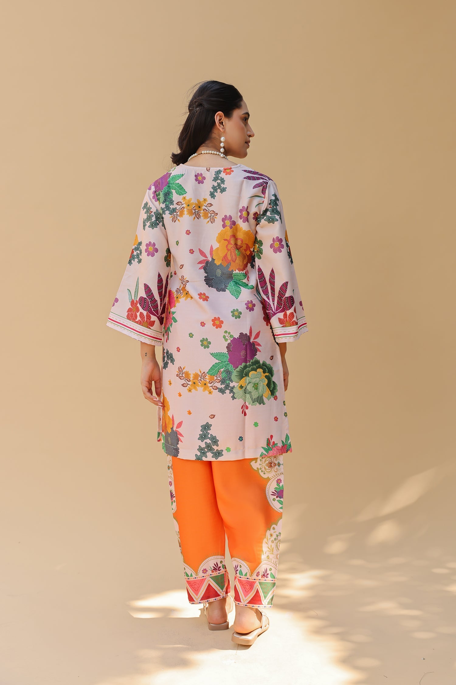 Pashmina Printkari Coord Set with Straight Bottoms – Beige & Rust