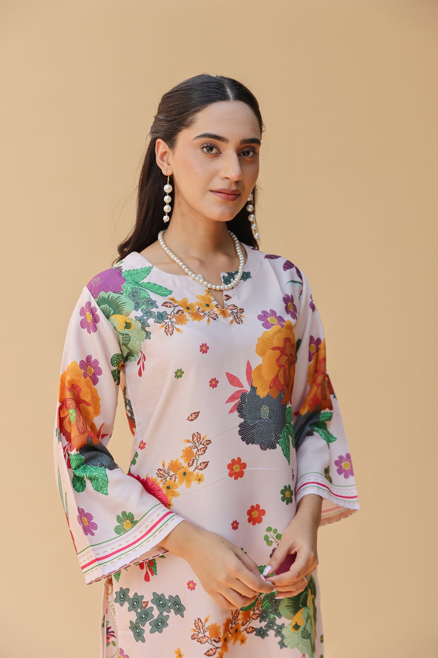 Pashmina Printkari Coord Set with Straight Bottoms – Beige & Rust