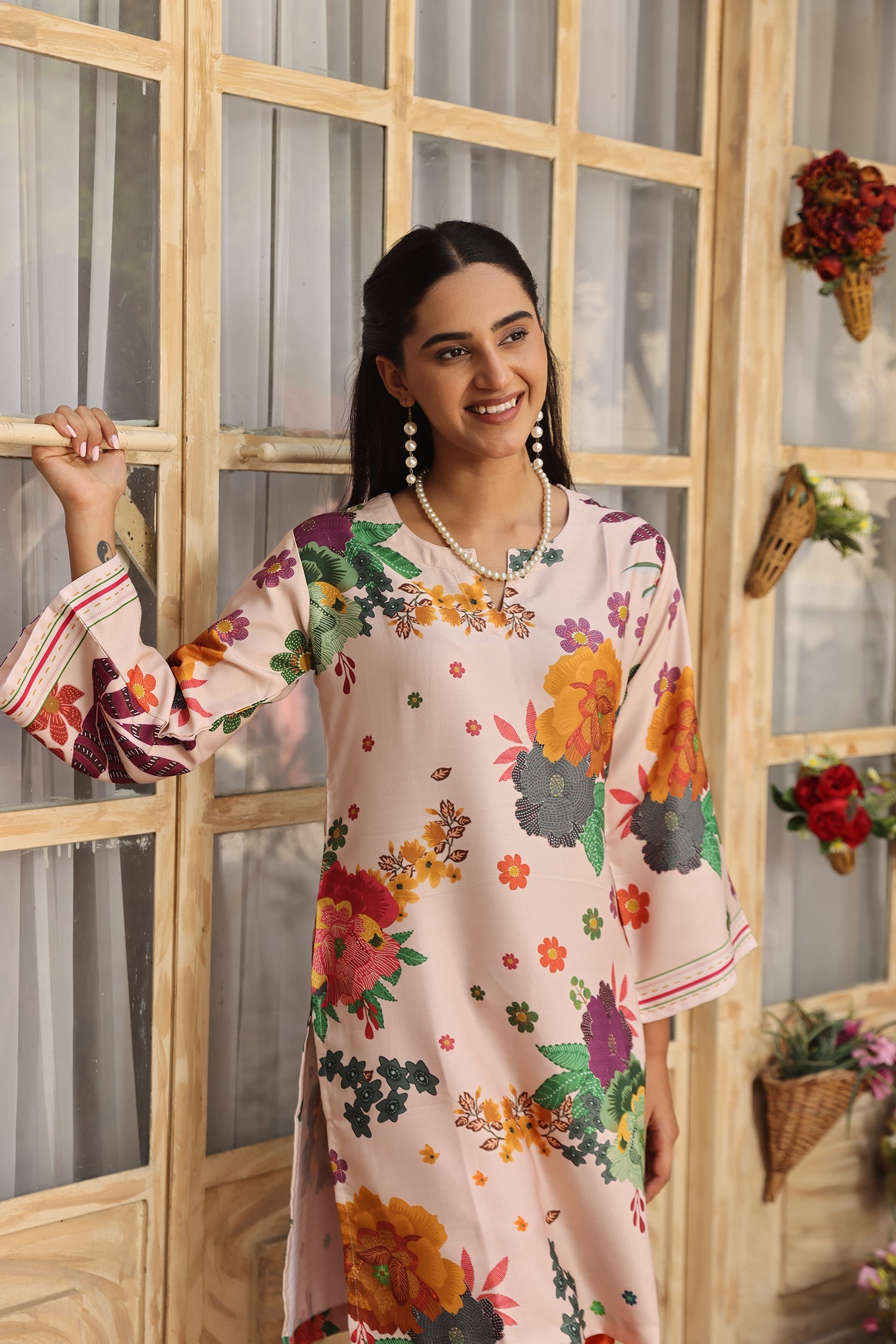 Pashmina Printkari Coord Set with Straight Bottoms – Beige & Rust