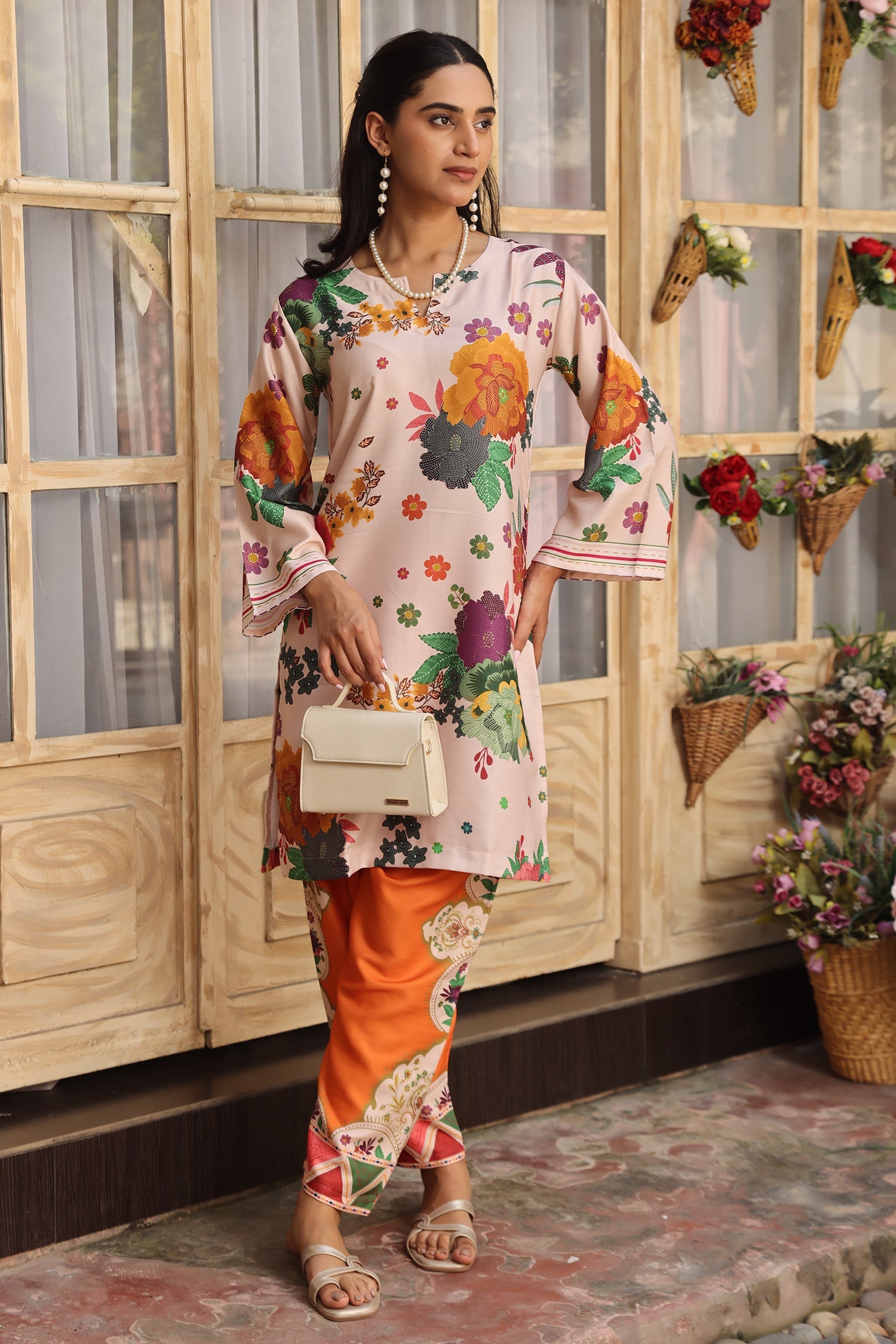 Pashmina Printkari Coord Set with Straight Bottoms – Beige & Rust