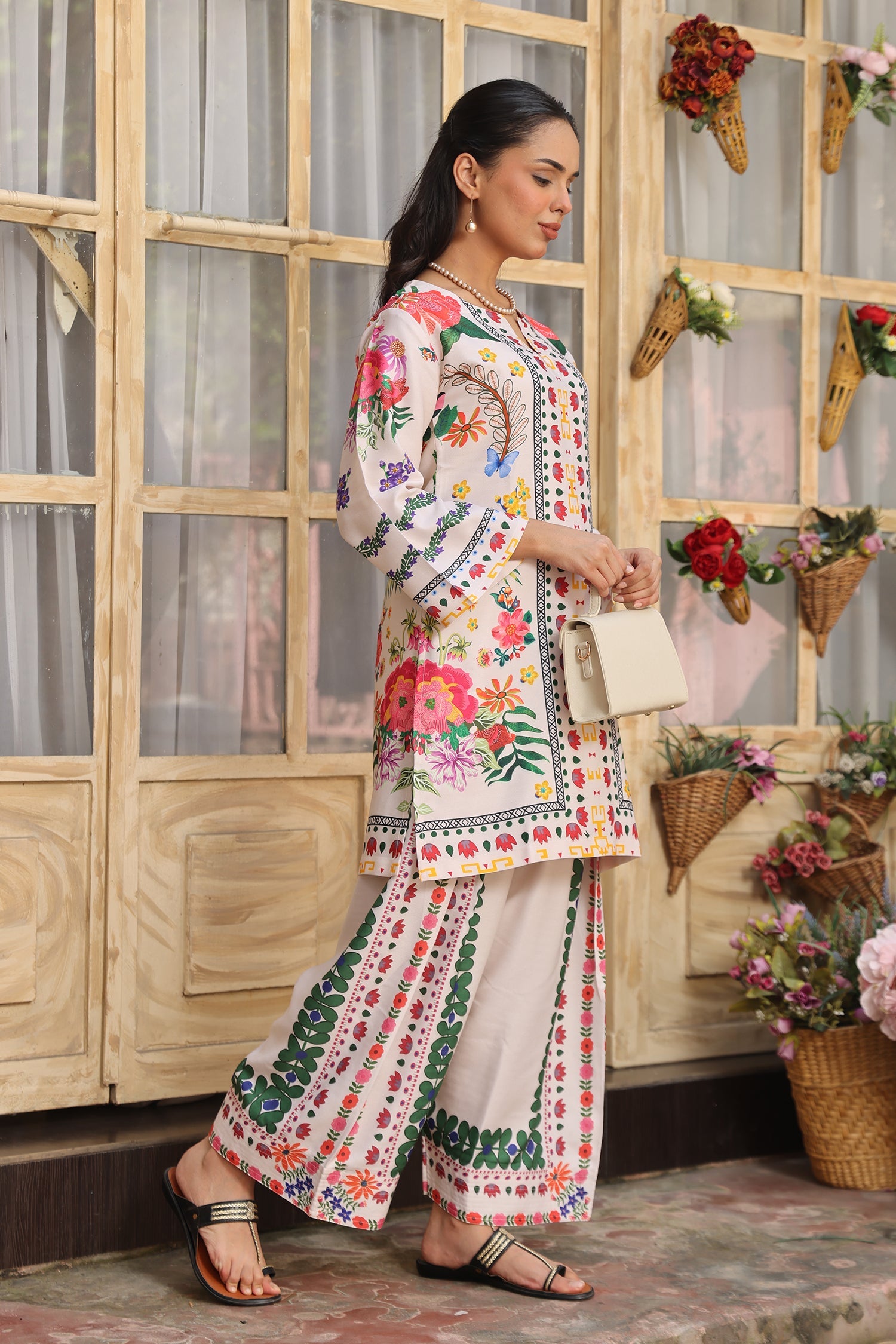 Pashmina Printkari Coord Set with Farsi Bottoms – Ivory Multi-Colour