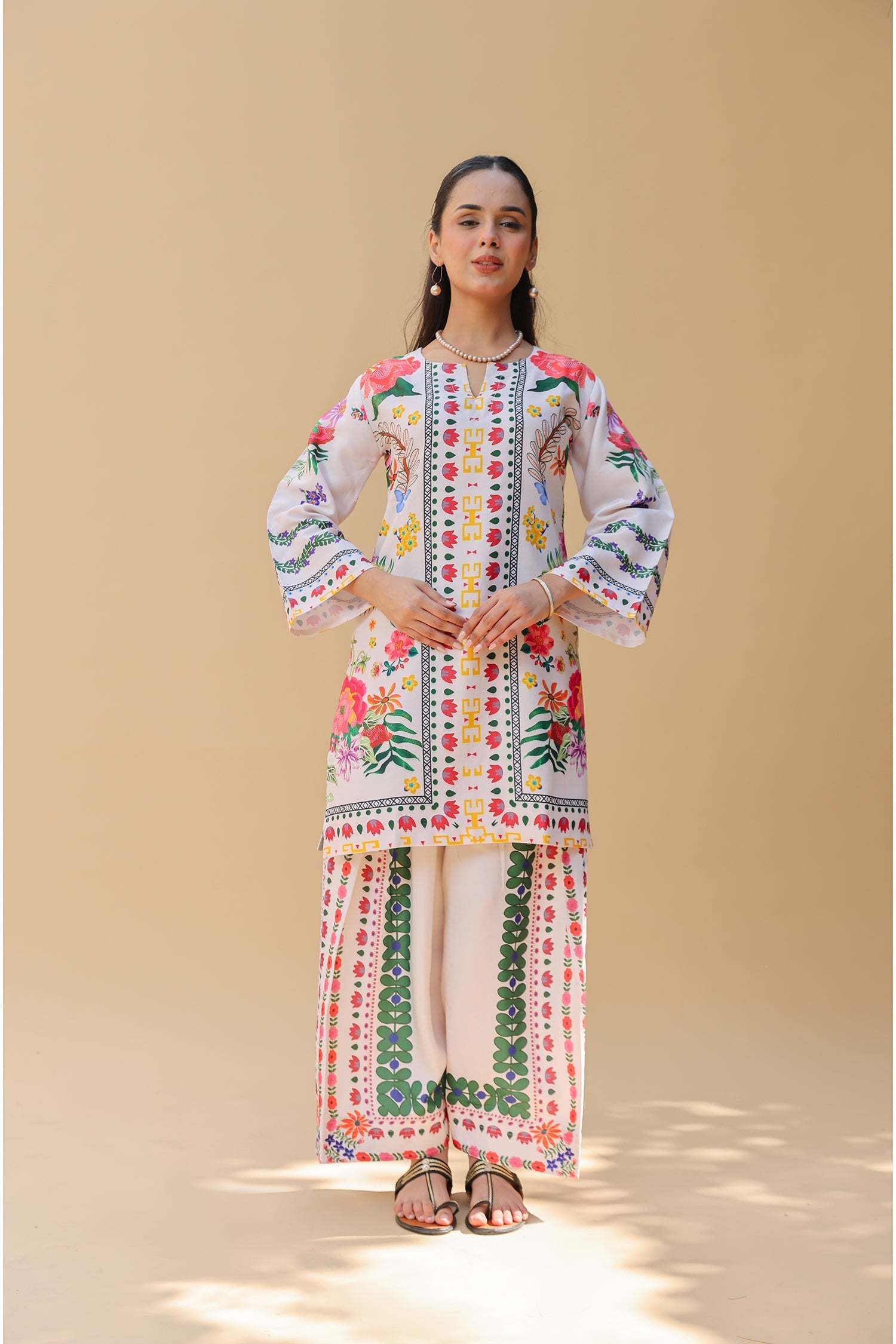 Pashmina Printkari Coord Set with Farsi Bottoms – Ivory Multi-Colour