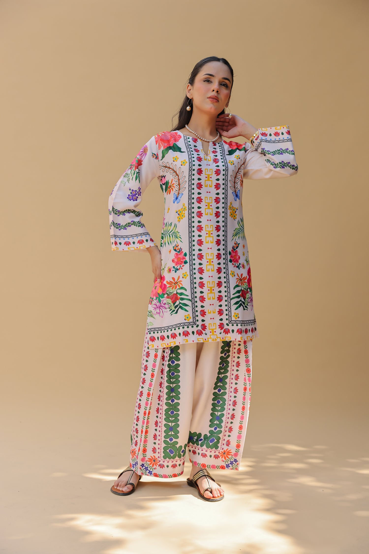 Pashmina Printkari Coord Set with Farsi Bottoms – Ivory Multi-Colour