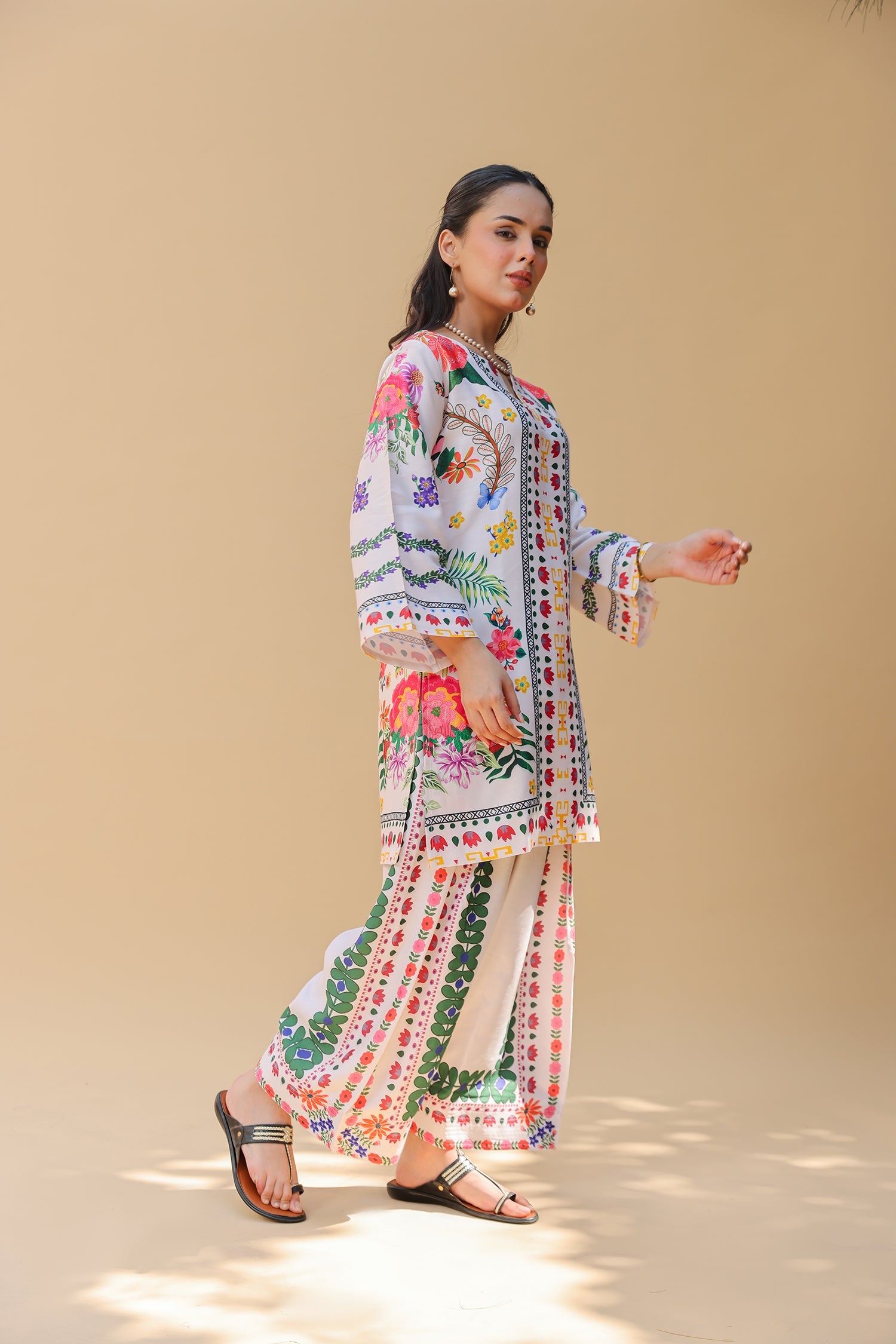 Pashmina Printkari Coord Set with Farsi Bottoms – Ivory Multi-Colour