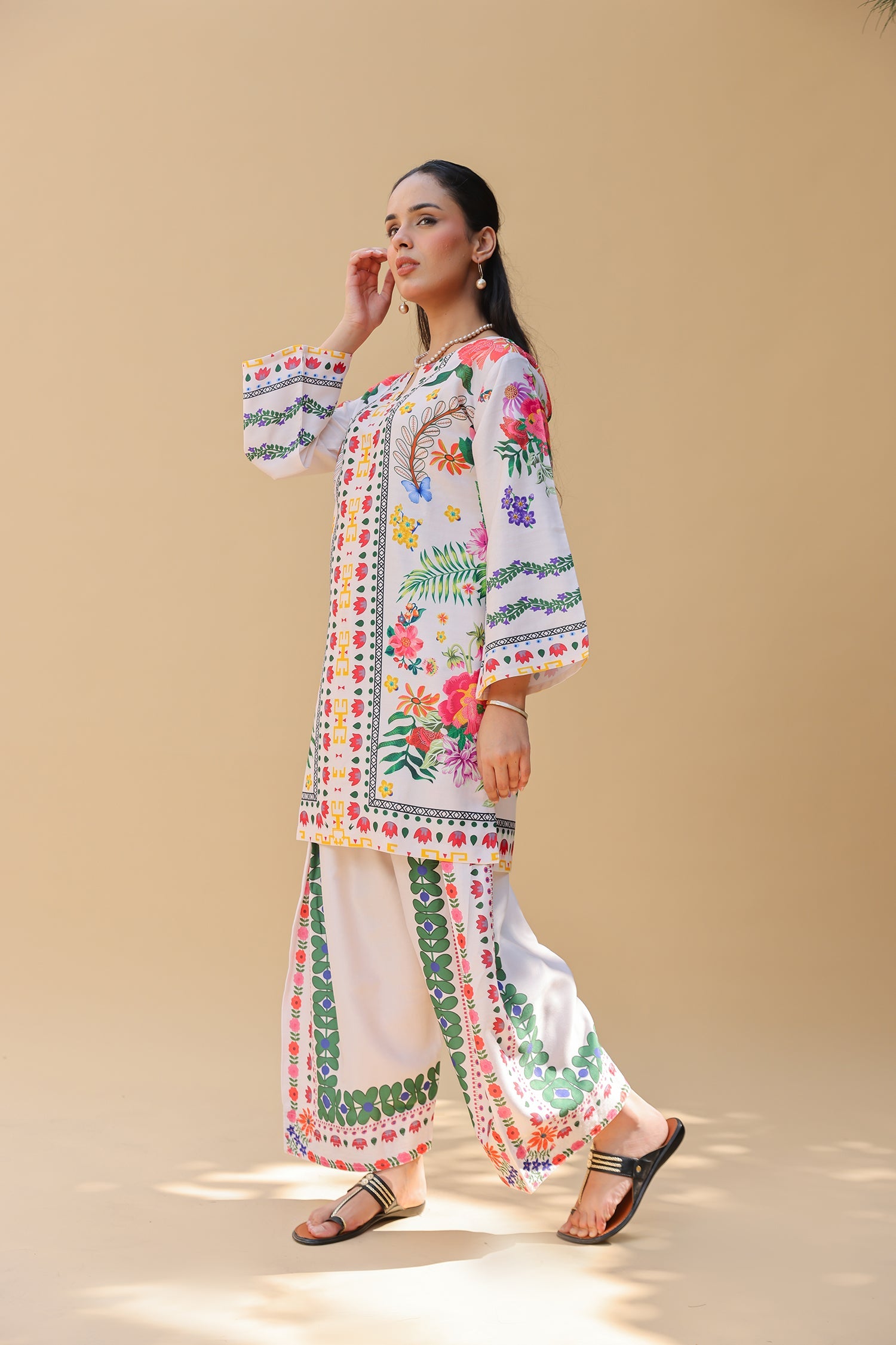 Pashmina Printkari Coord Set with Farsi Bottoms – Ivory Multi-Colour