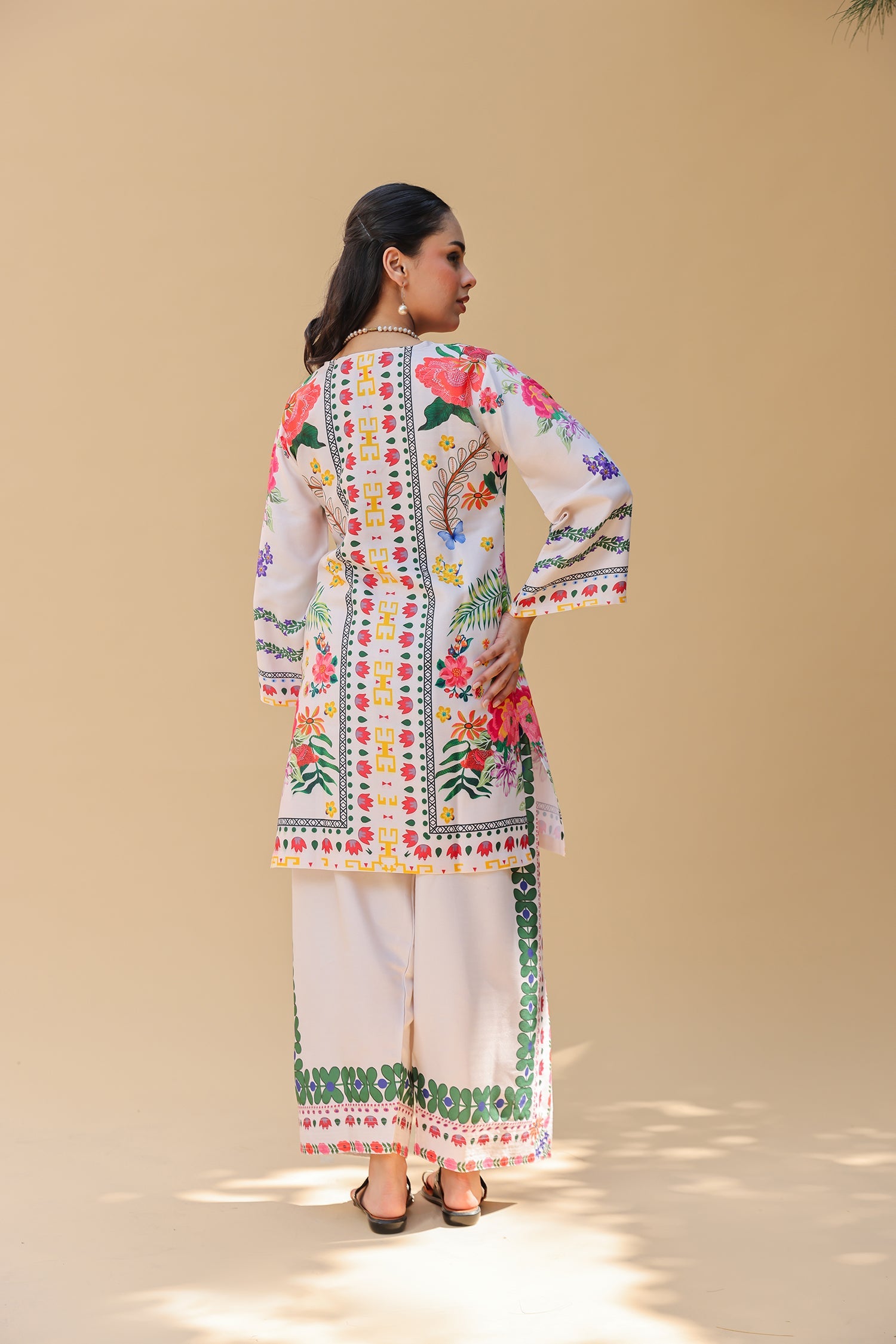 Pashmina Printkari Coord Set with Farsi Bottoms – Ivory Multi-Colour