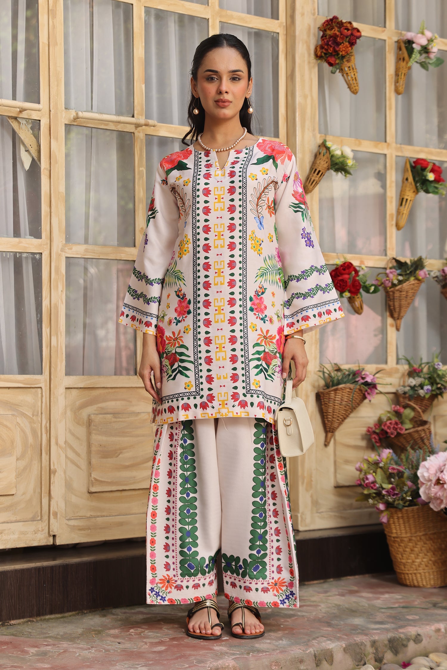 Pashmina Printkari Coord Set with Farsi Bottoms – Ivory Multi-Colour