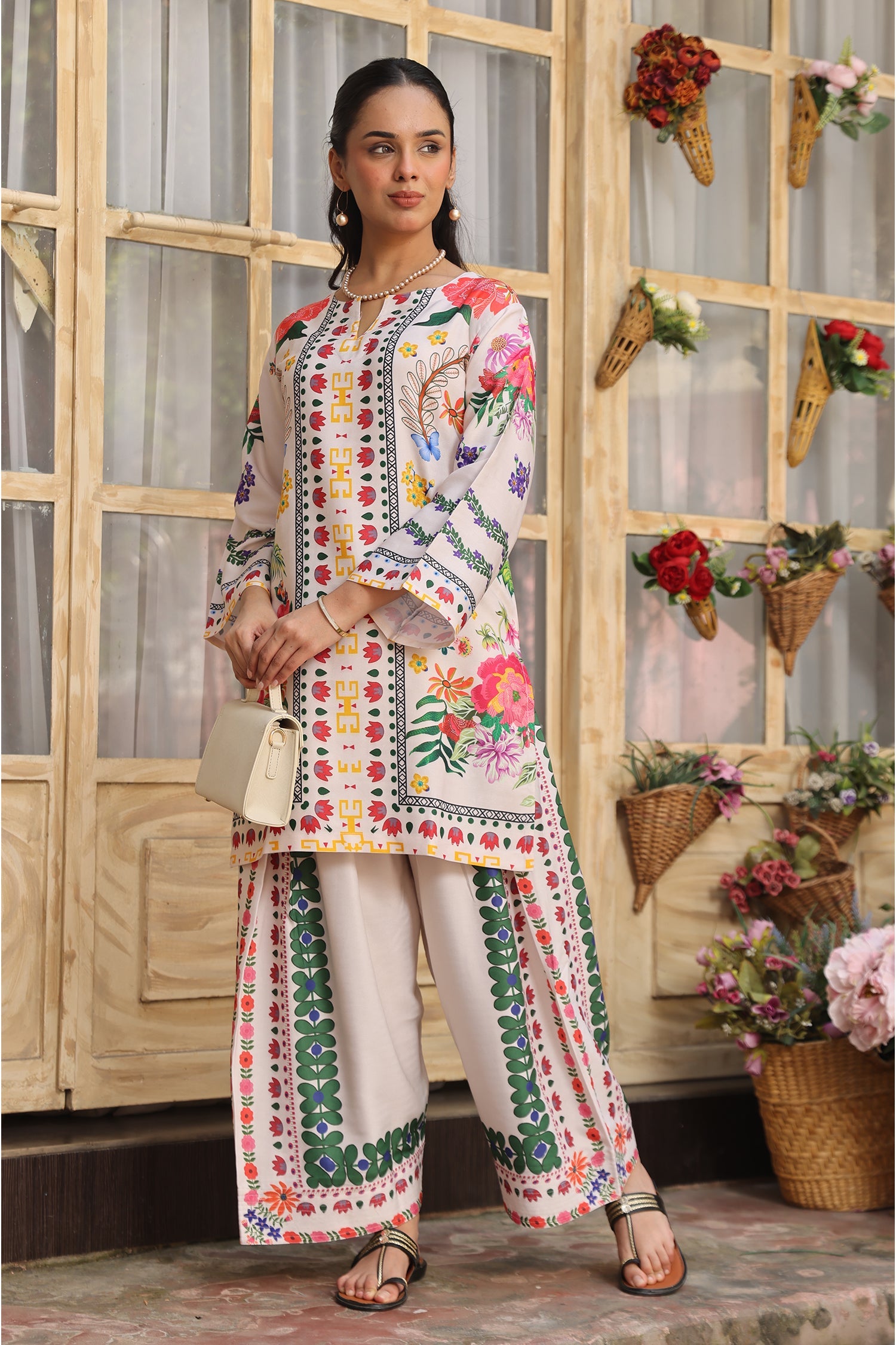 Pashmina Printkari Coord Set with Farsi Bottoms – Ivory Multi-Colour