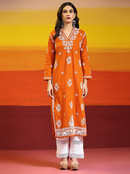 Samma Chikankari Long Kurta in Cotton for Women- Orange - House Of Kari (Chikankari Clothing)