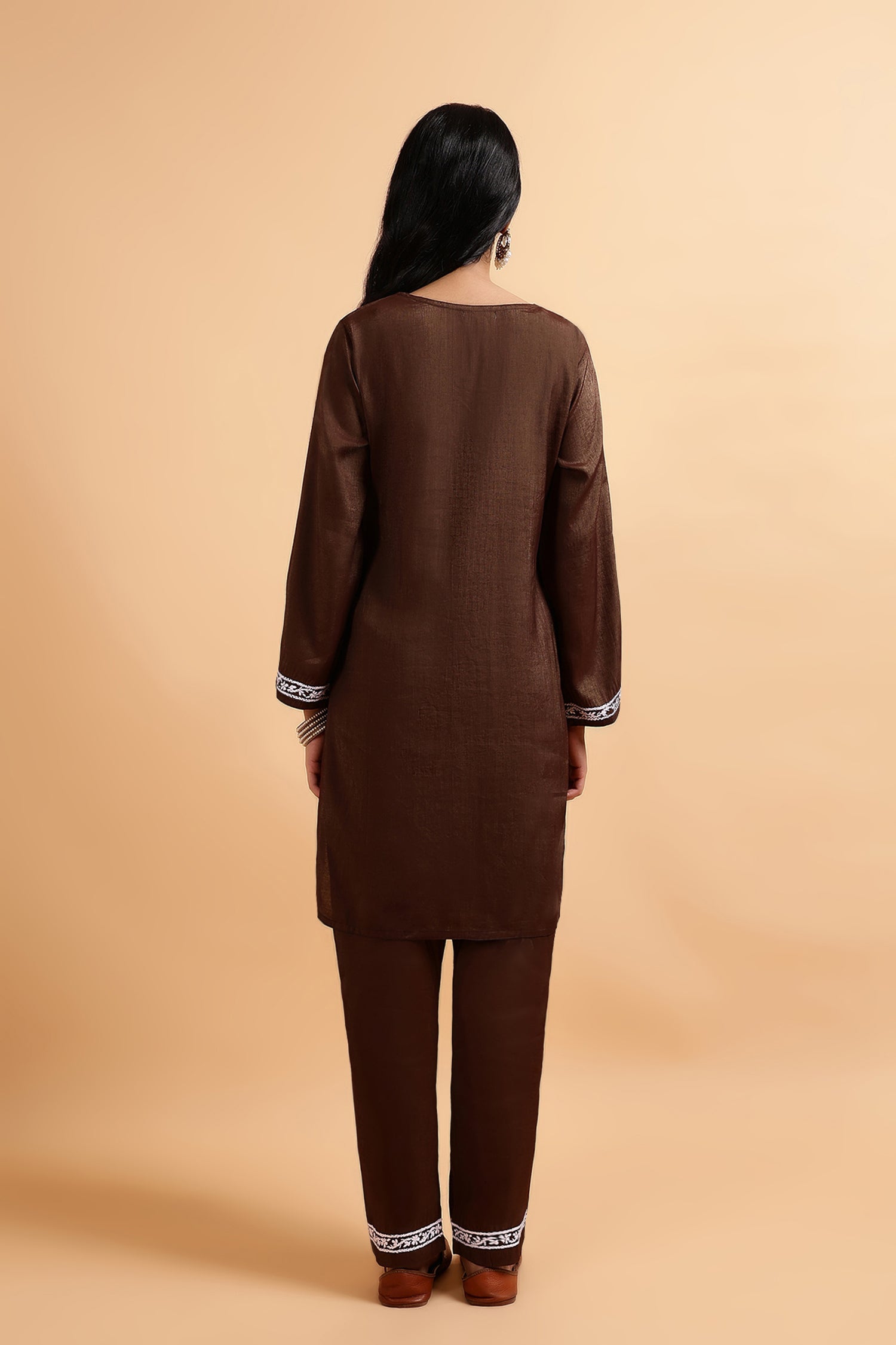 Chikankari Kurta Set in Viscose – Brown