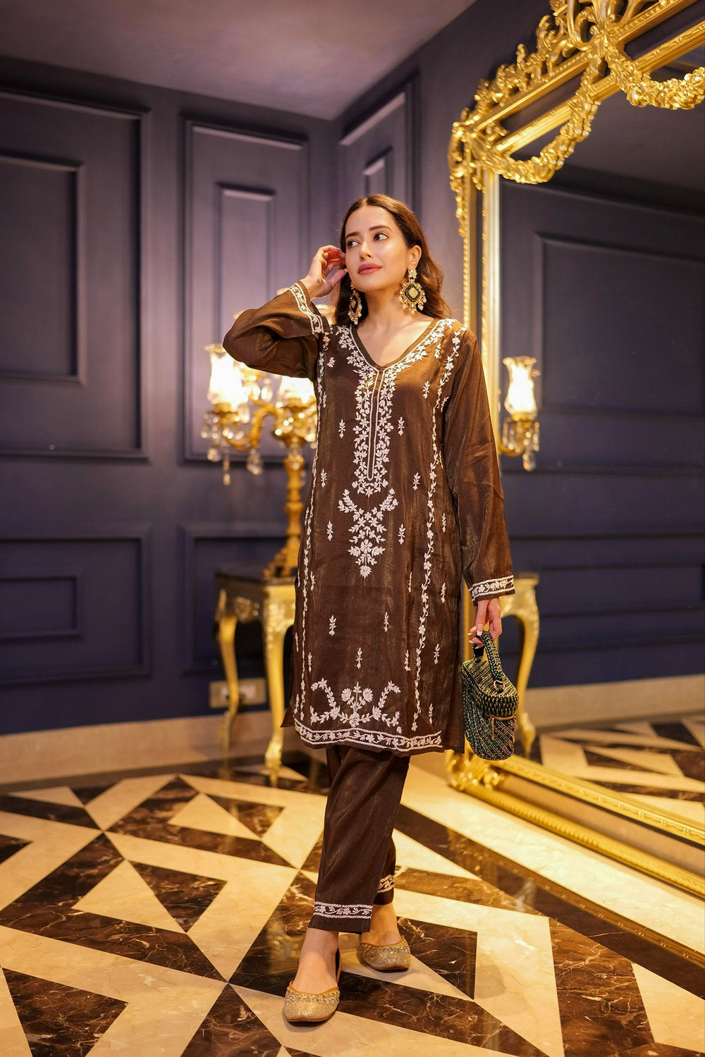 Komal X HOK Chikankari Kurta Set in Viscose – Brown