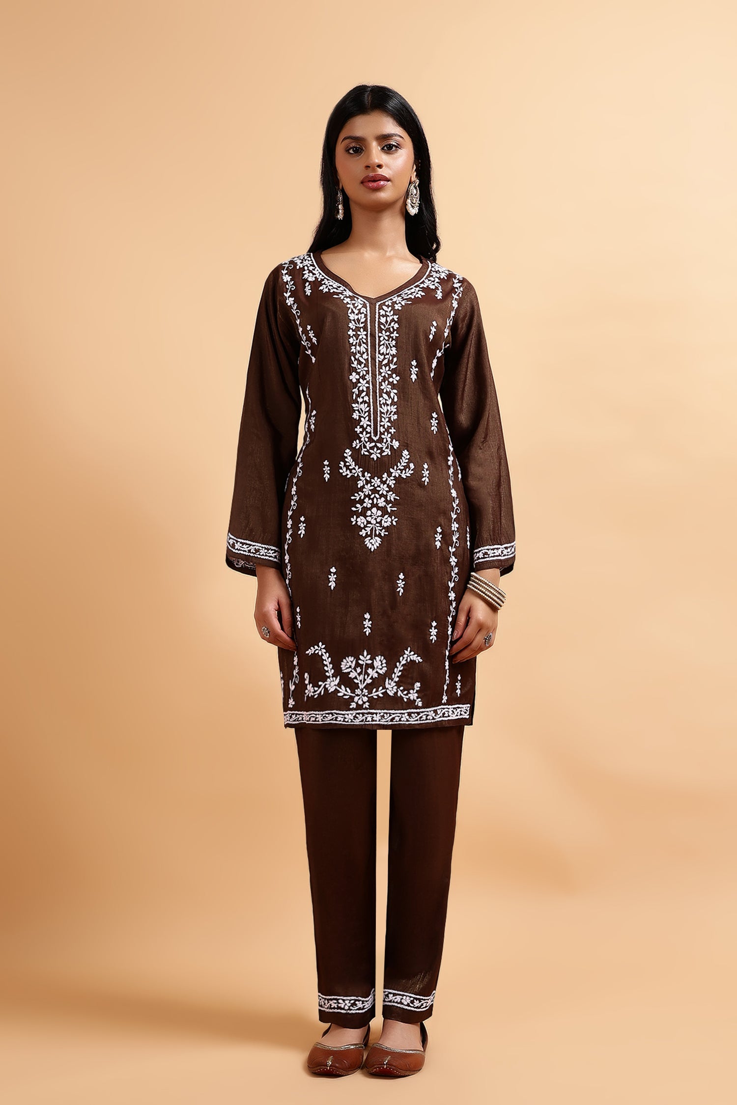 Chikankari Kurta Set in Viscose – Brown