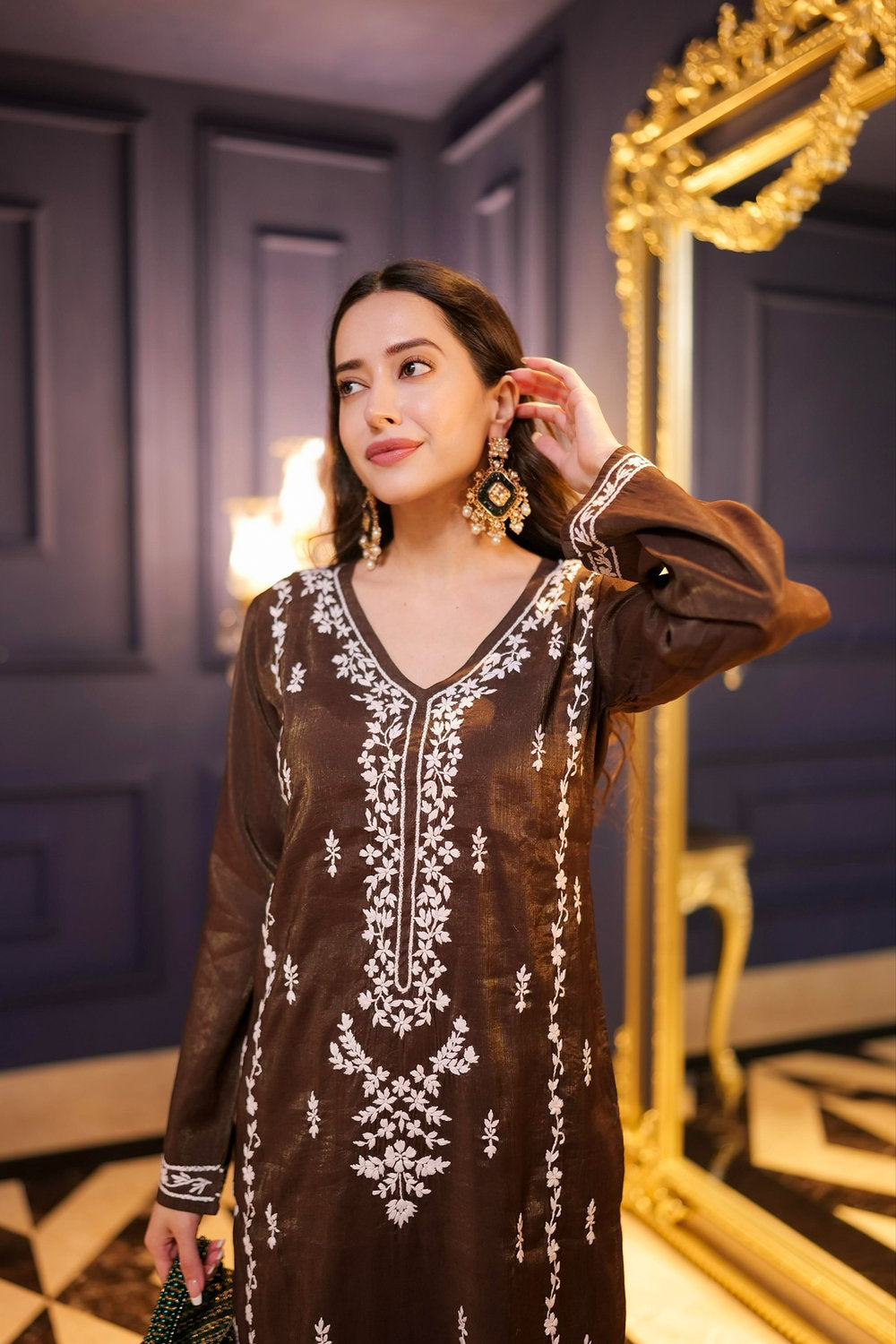 Komal X HOK Chikankari Kurta Set in Viscose – Brown