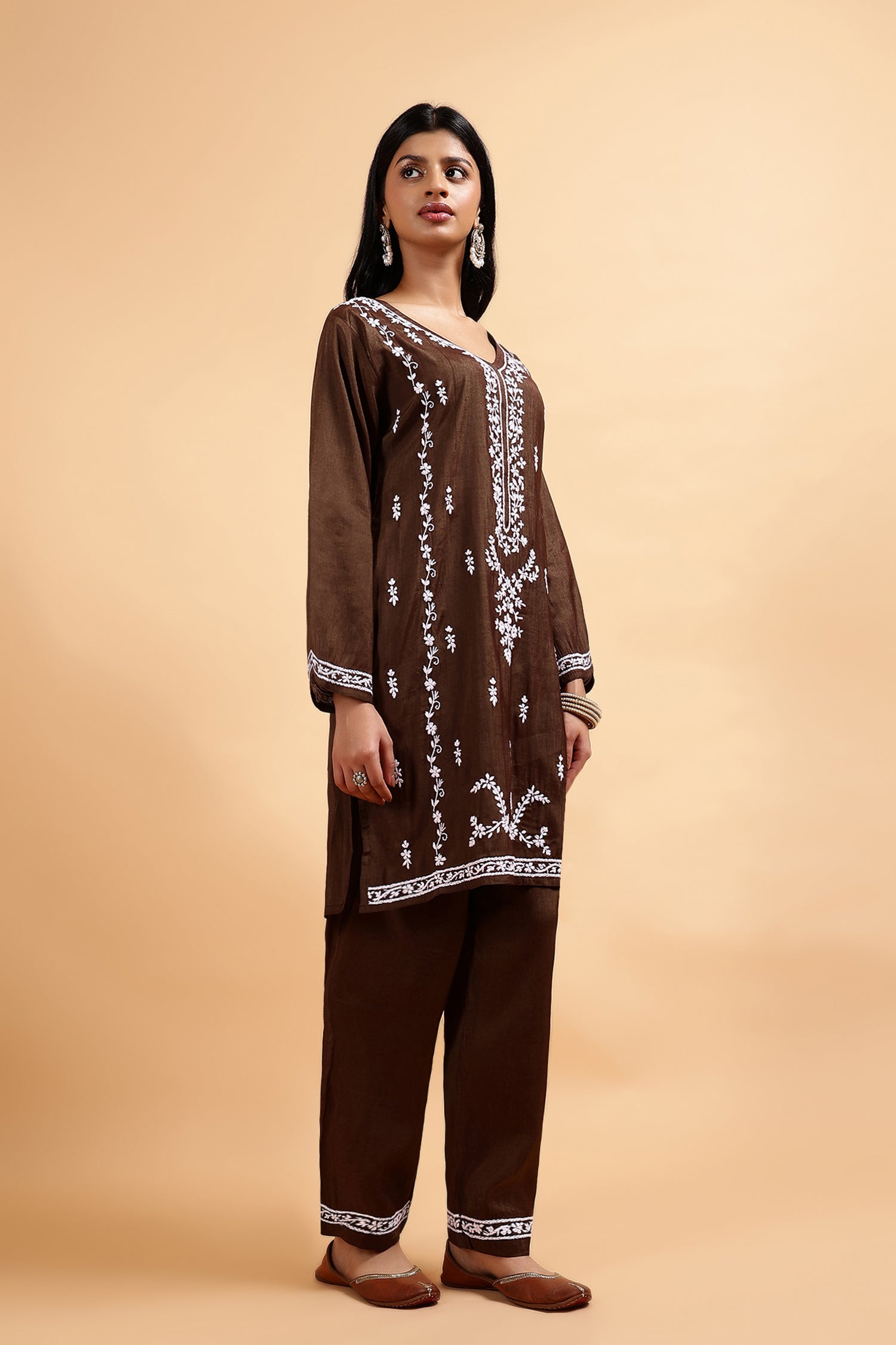 Chikankari Kurta Set in Viscose – Brown