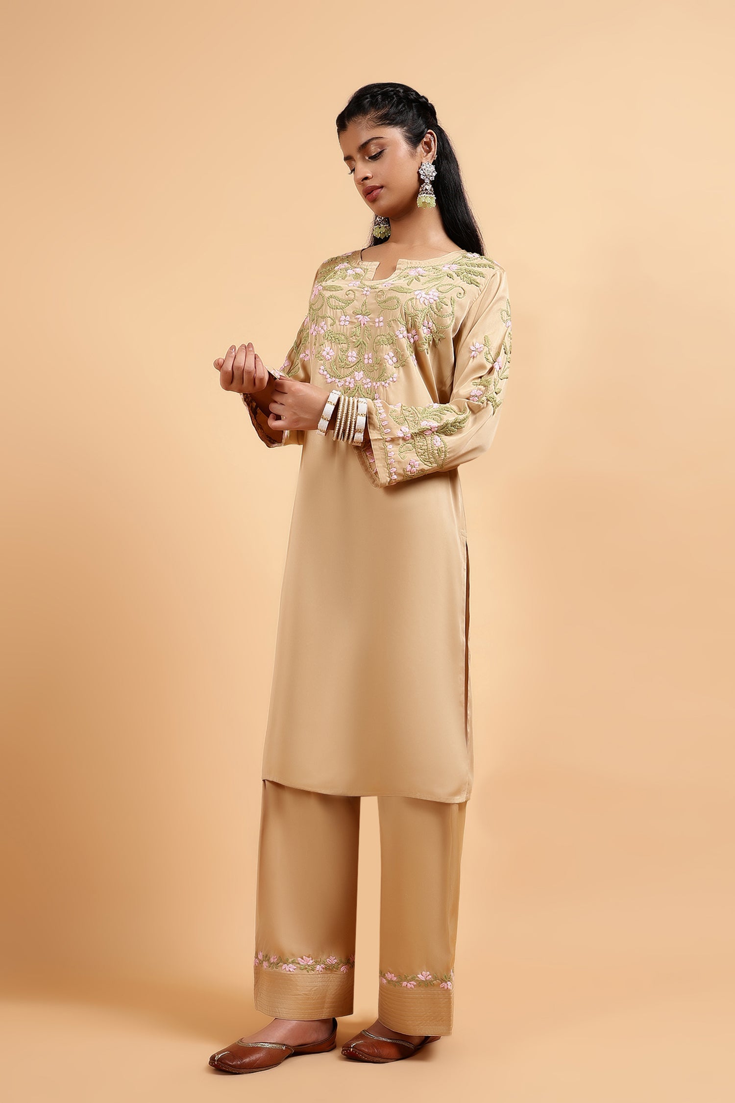 Chikankari Kurta Set in Satin Silk with Farsi Pants – Beige