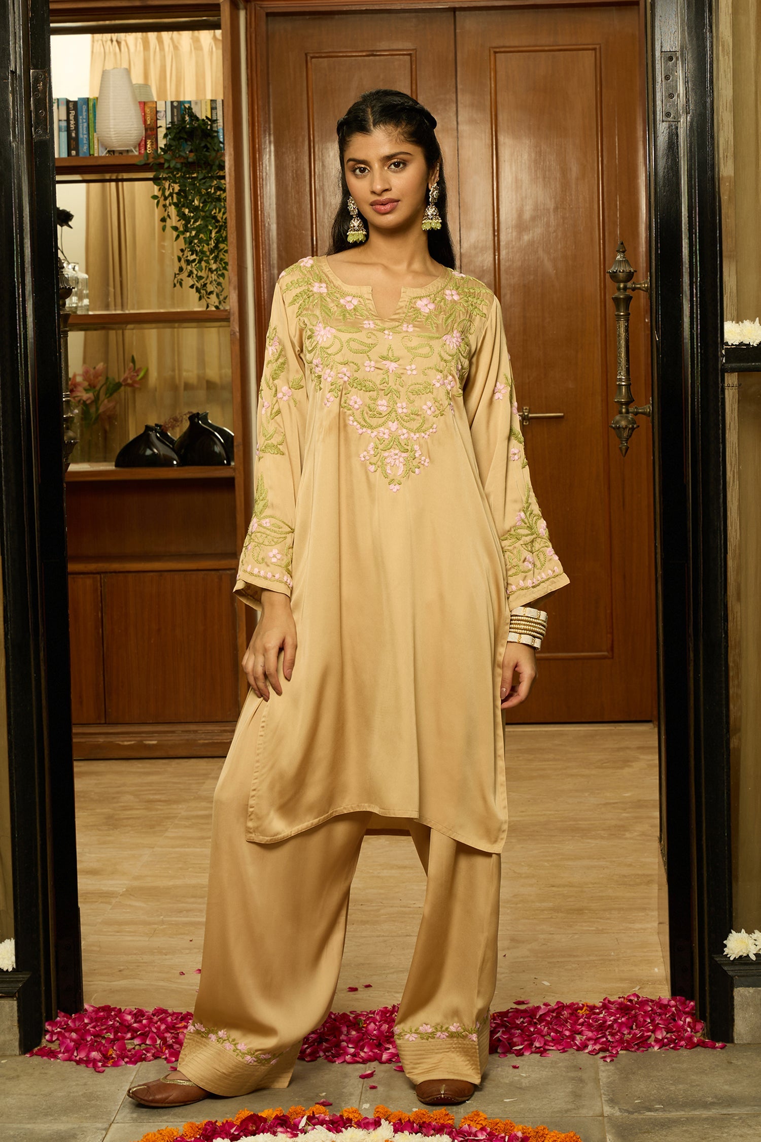 Chikankari Kurta Set in Satin Silk with Farsi Pants – Beige