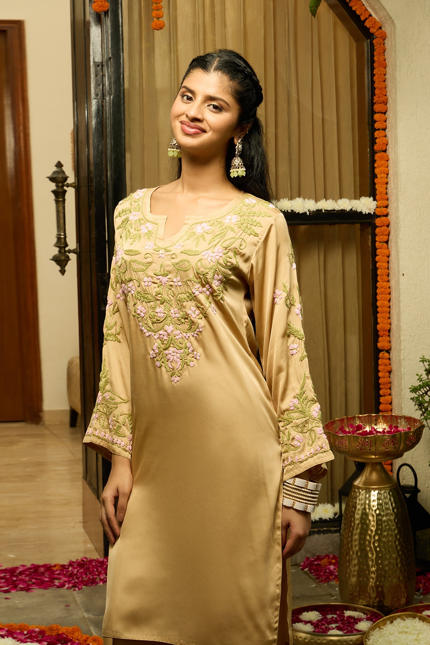 Chikankari Kurta Set in Satin Silk with Farsi Pants – Beige