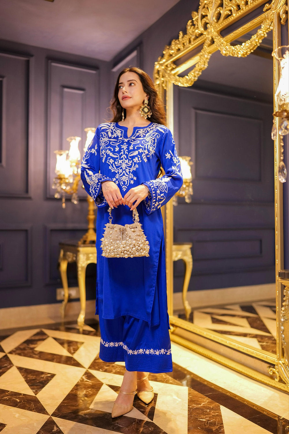 Komal X HOK Chikankari Kurta Set in Satin Silk with Farsi Pants – Royal Blue