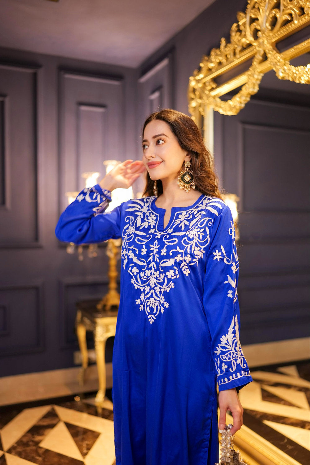 Komal X HOK Chikankari Kurta Set in Satin Silk with Farsi Pants – Royal Blue