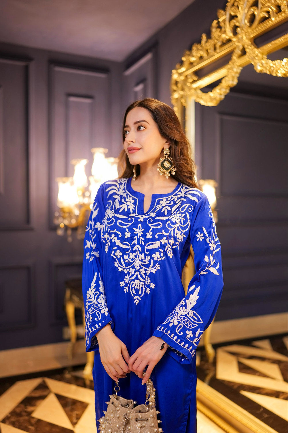 Komal X HOK Chikankari Kurta Set in Satin Silk with Farsi Pants – Royal Blue