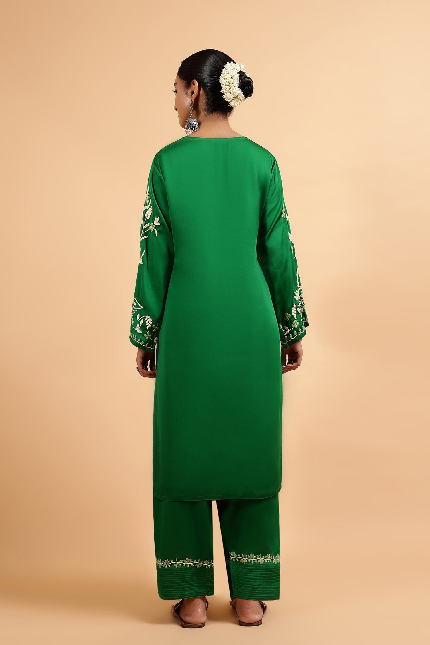 Chikankari Kurta Set in Satin Silk with Farsi Pants – Green