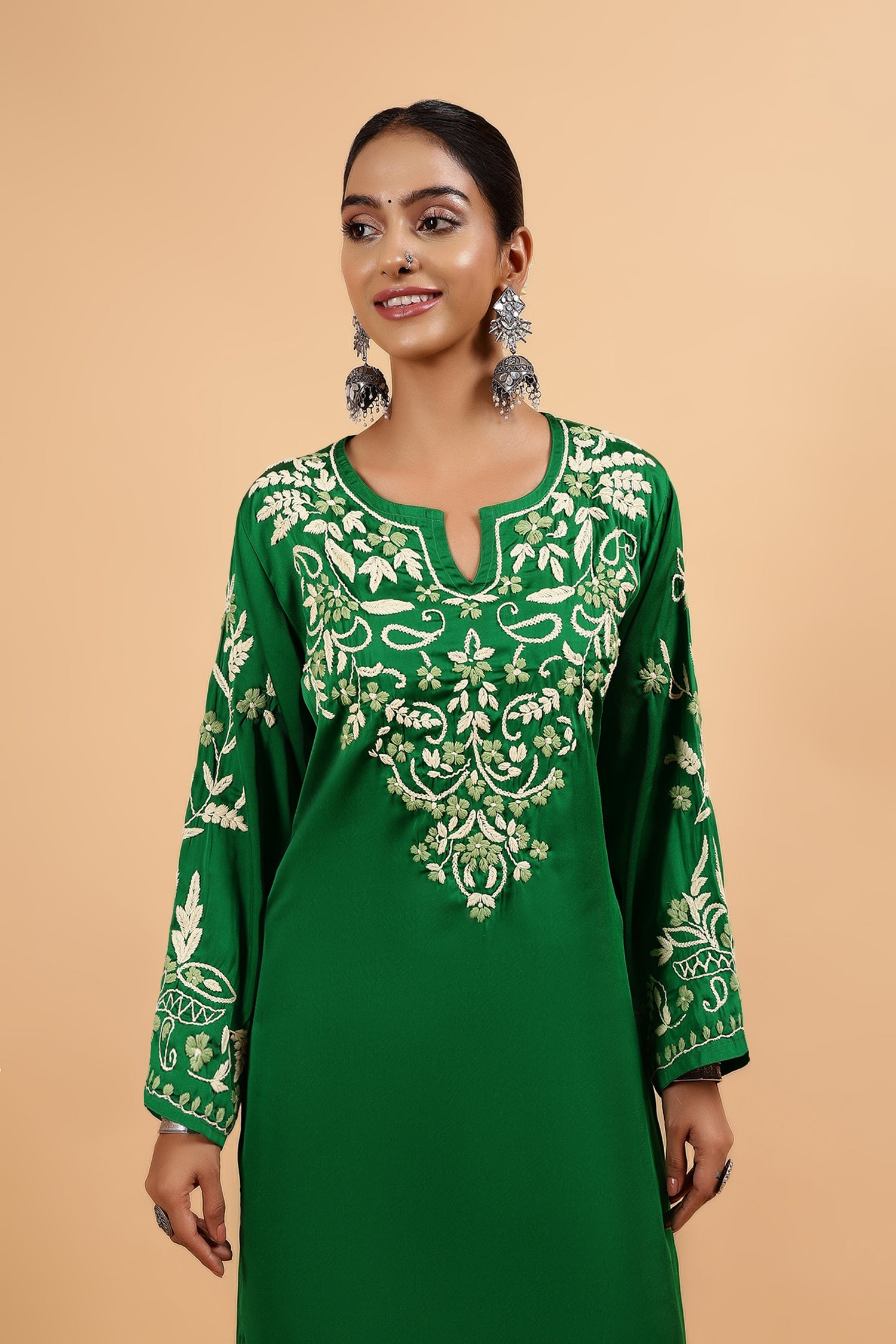 Chikankari Kurta Set in Satin Silk with Farsi Pants – Green