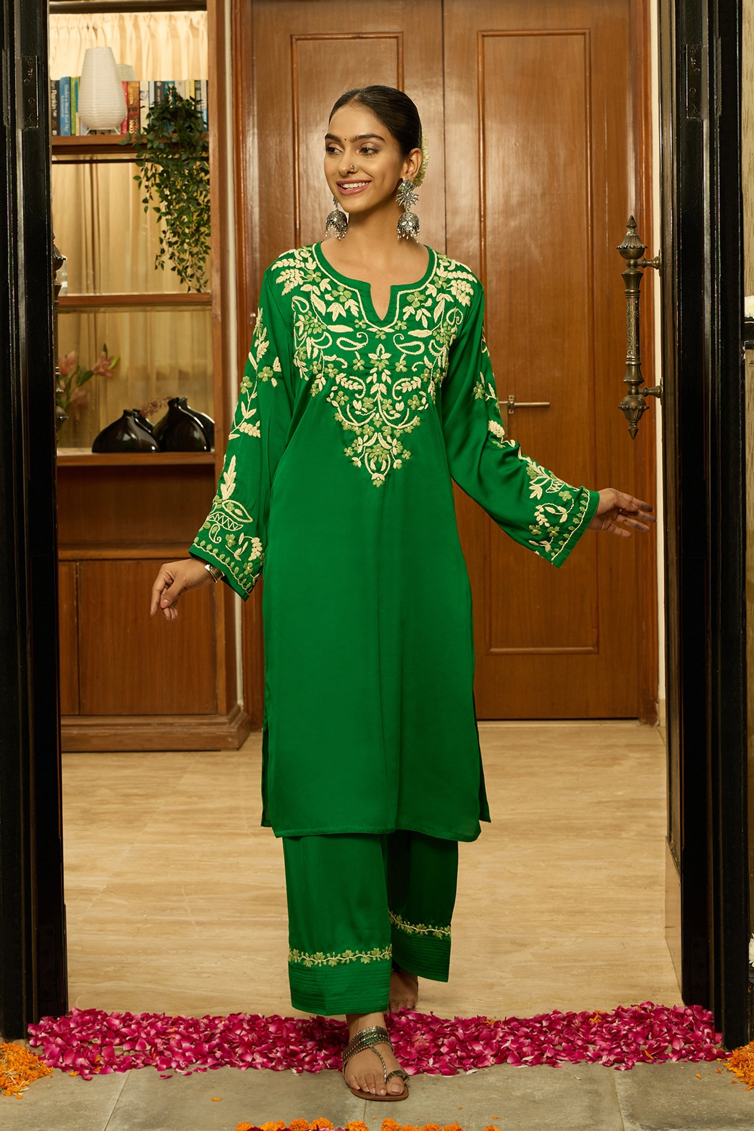 Chikankari Kurta Set in Satin Silk with Farsi Pants – Green