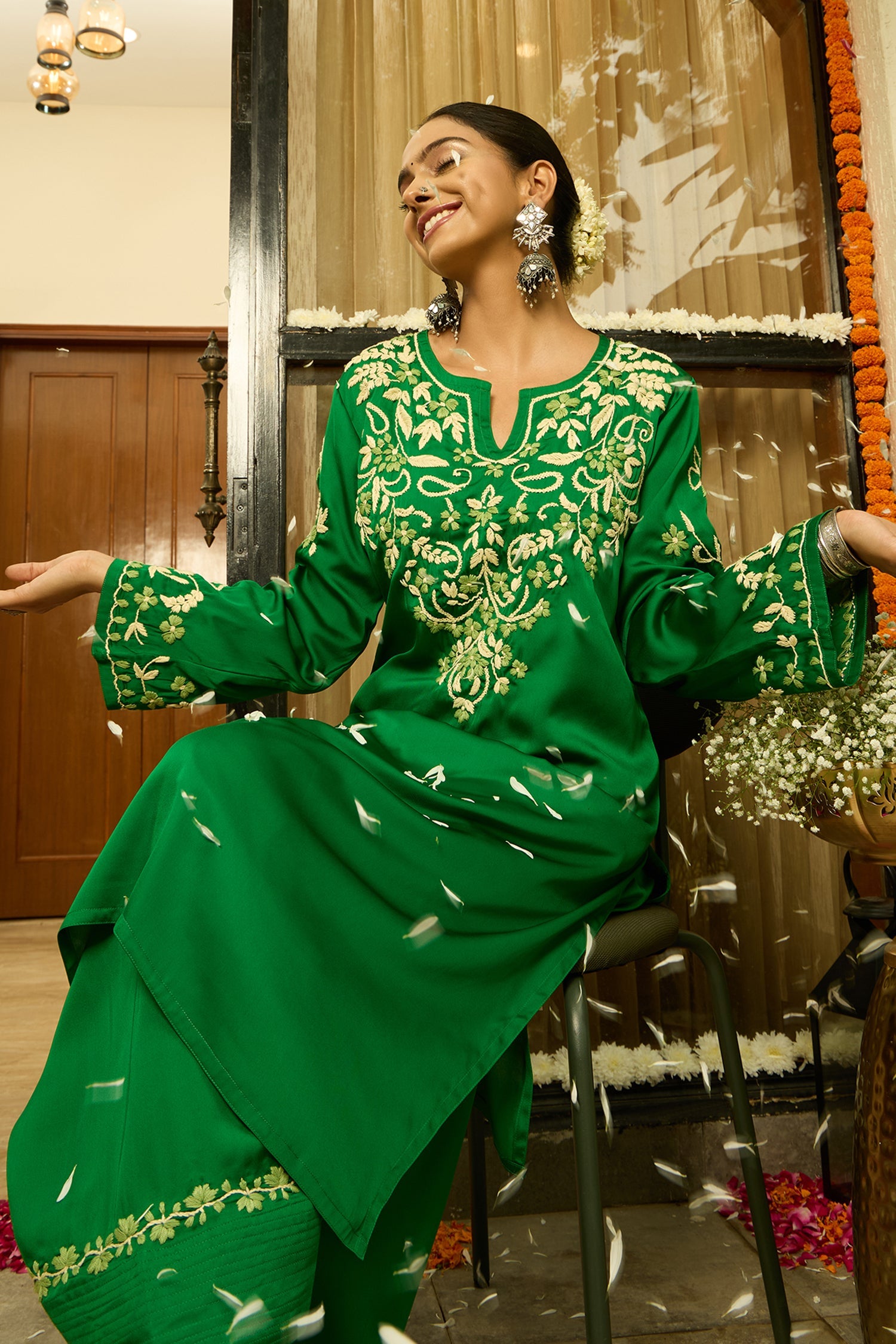 Chikankari Kurta Set in Satin Silk with Farsi Pants – Green