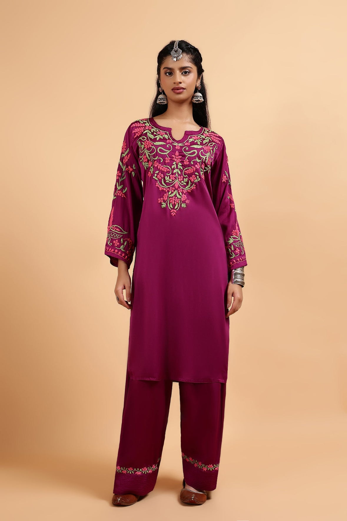 Anureet in Chikankari Kurta Set in Satin Silk with Farsi Pants – Purple