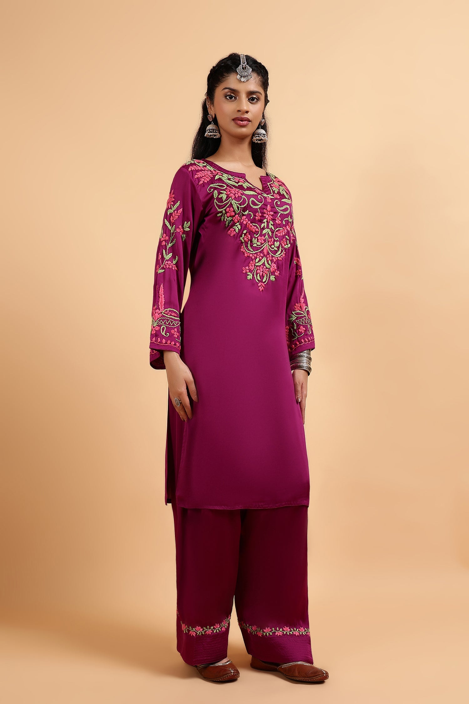 Anureet in Chikankari Kurta Set in Satin Silk with Farsi Pants – Purple