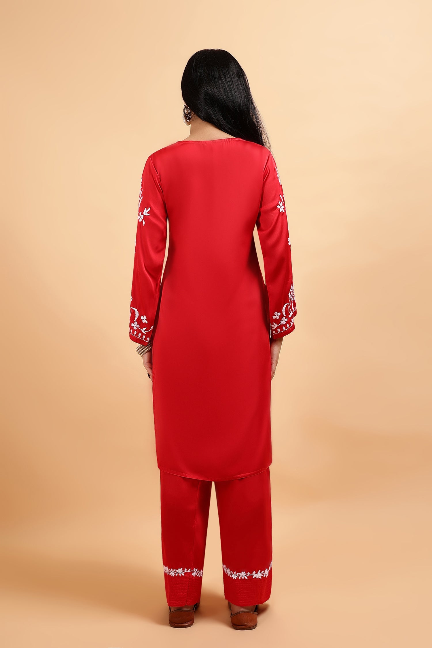 Chikankari Kurta Set in Satin Silk with Farsi Pants – Red