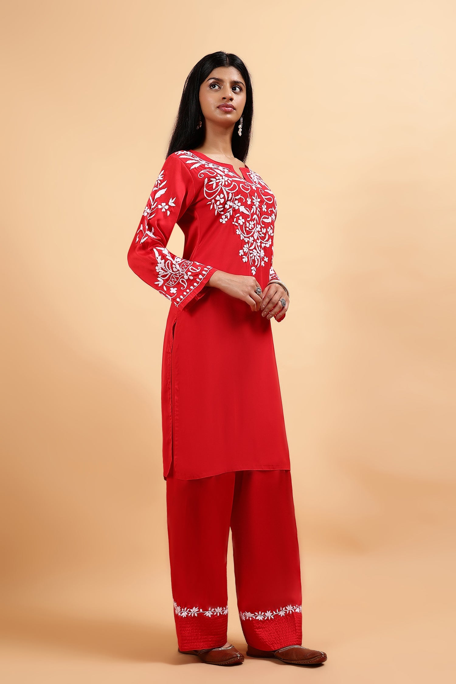 Chikankari Kurta Set in Satin Silk with Farsi Pants – Red