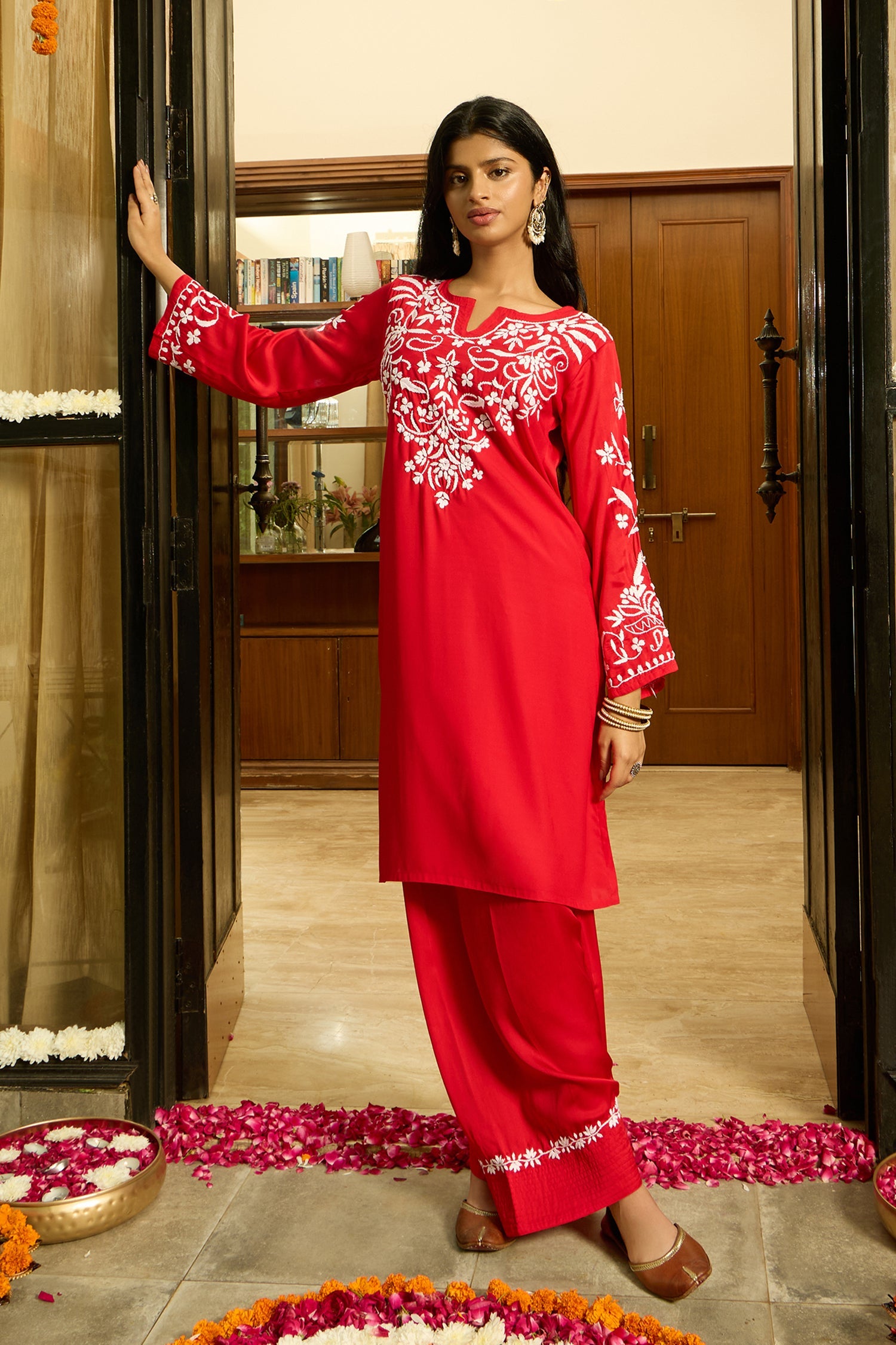 Chikankari Kurta Set in Satin Silk with Farsi Pants – Red