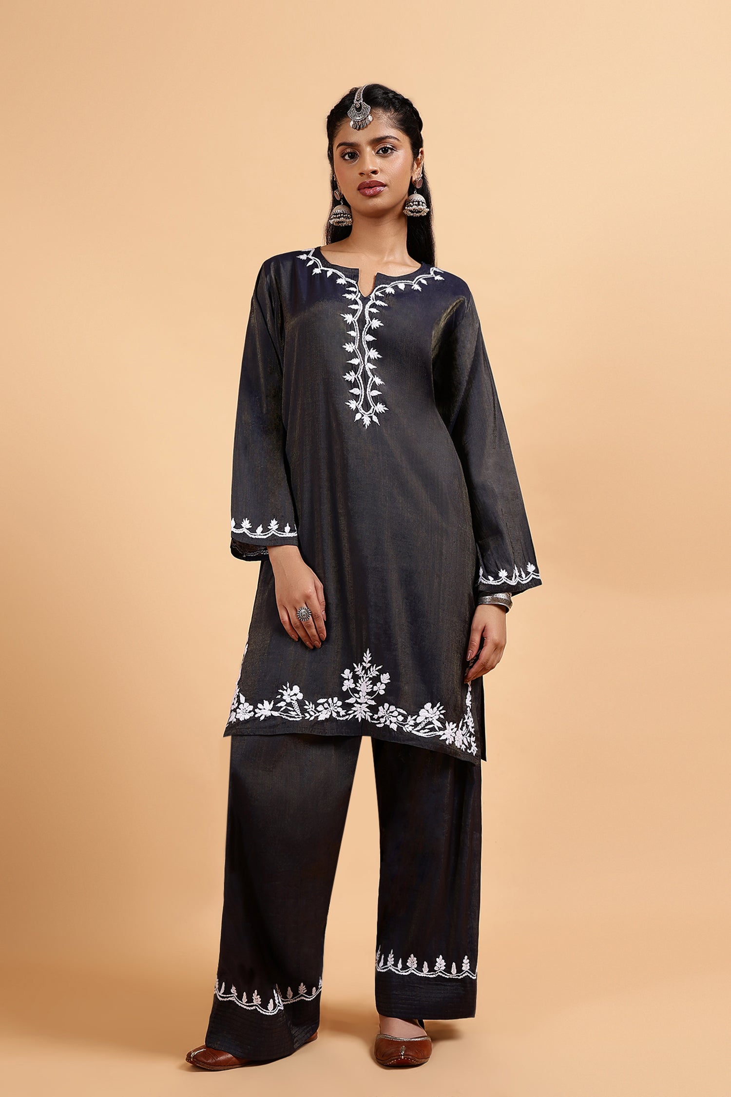 Chikankari Kurta Set in Viscose with Farsi Pants – Navy Blue