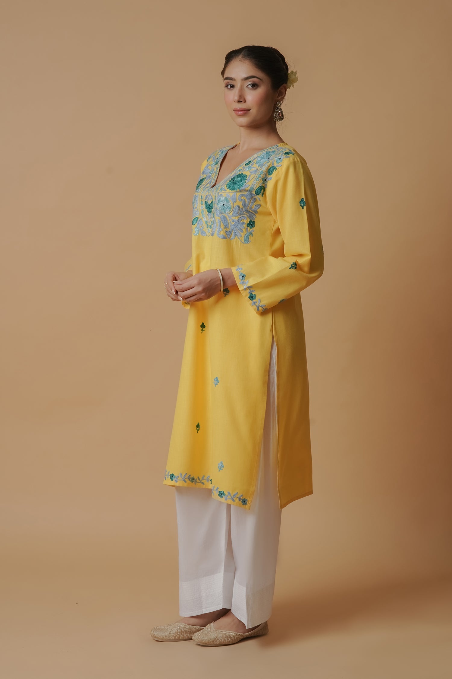 Kashmiri Aari Work Long Kurta – Yellow