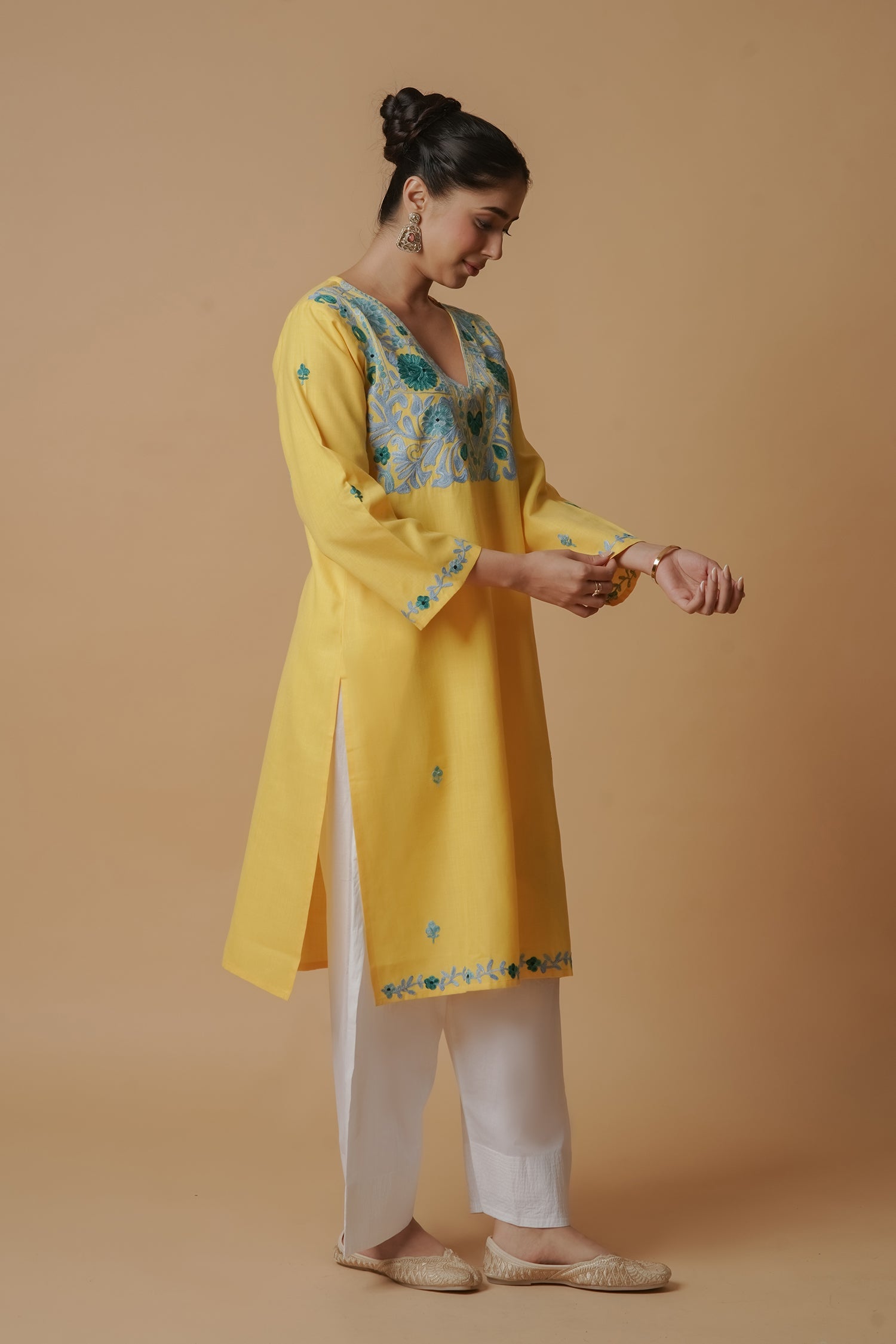 Kashmiri Aari Work Long Kurta – Yellow