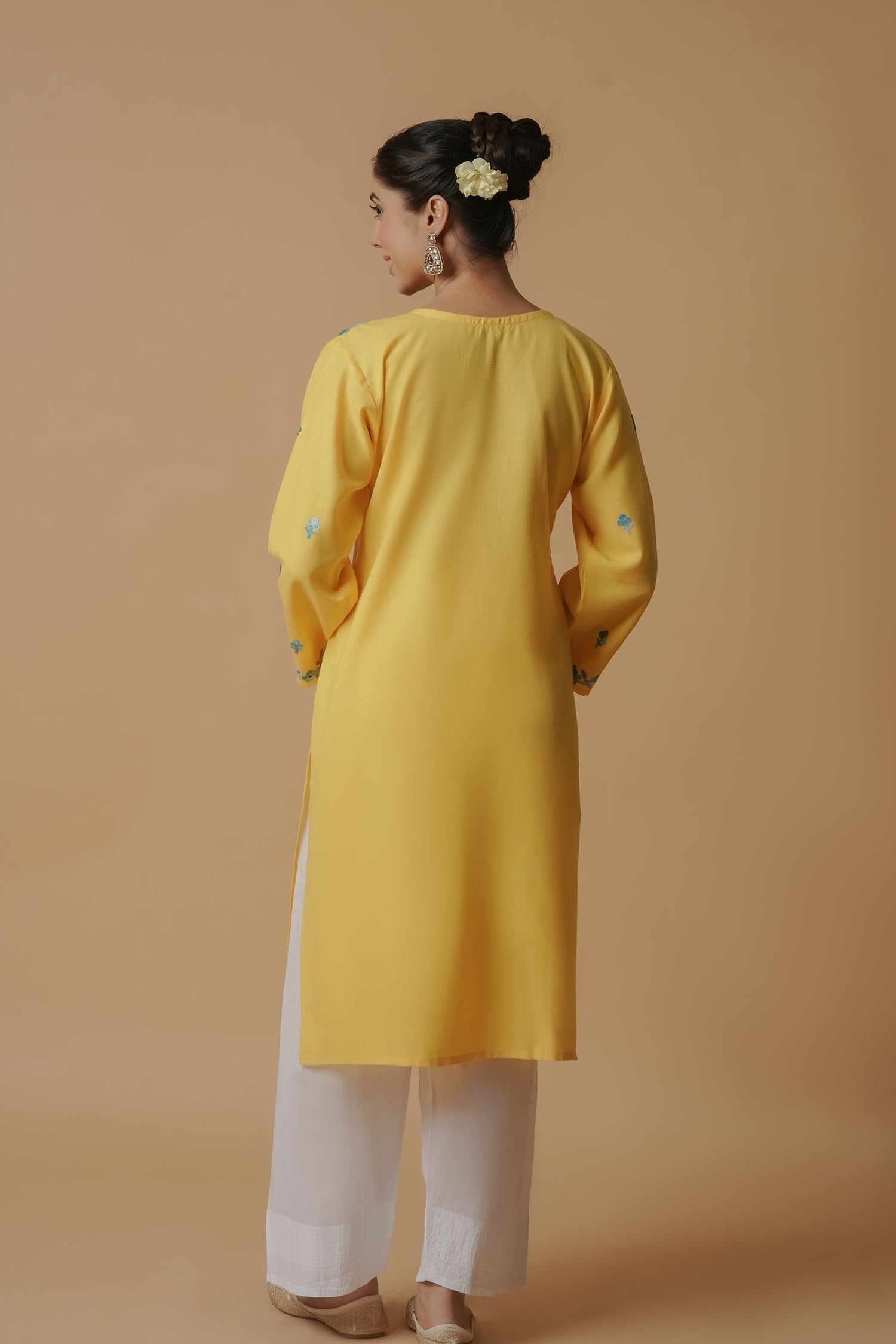 Kashmiri Aari Work Long Kurta – Yellow