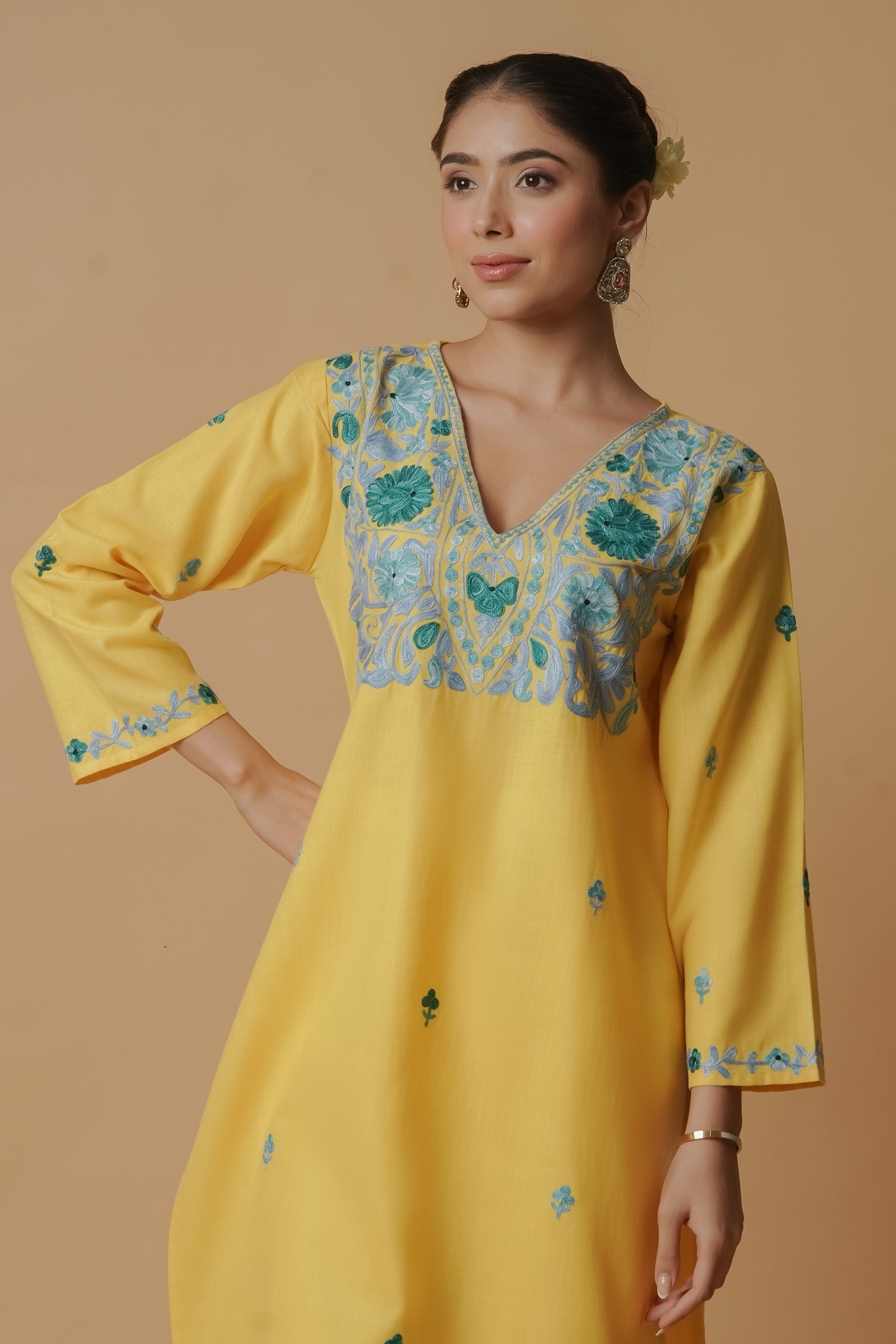 Kashmiri Aari Work Long Kurta – Yellow