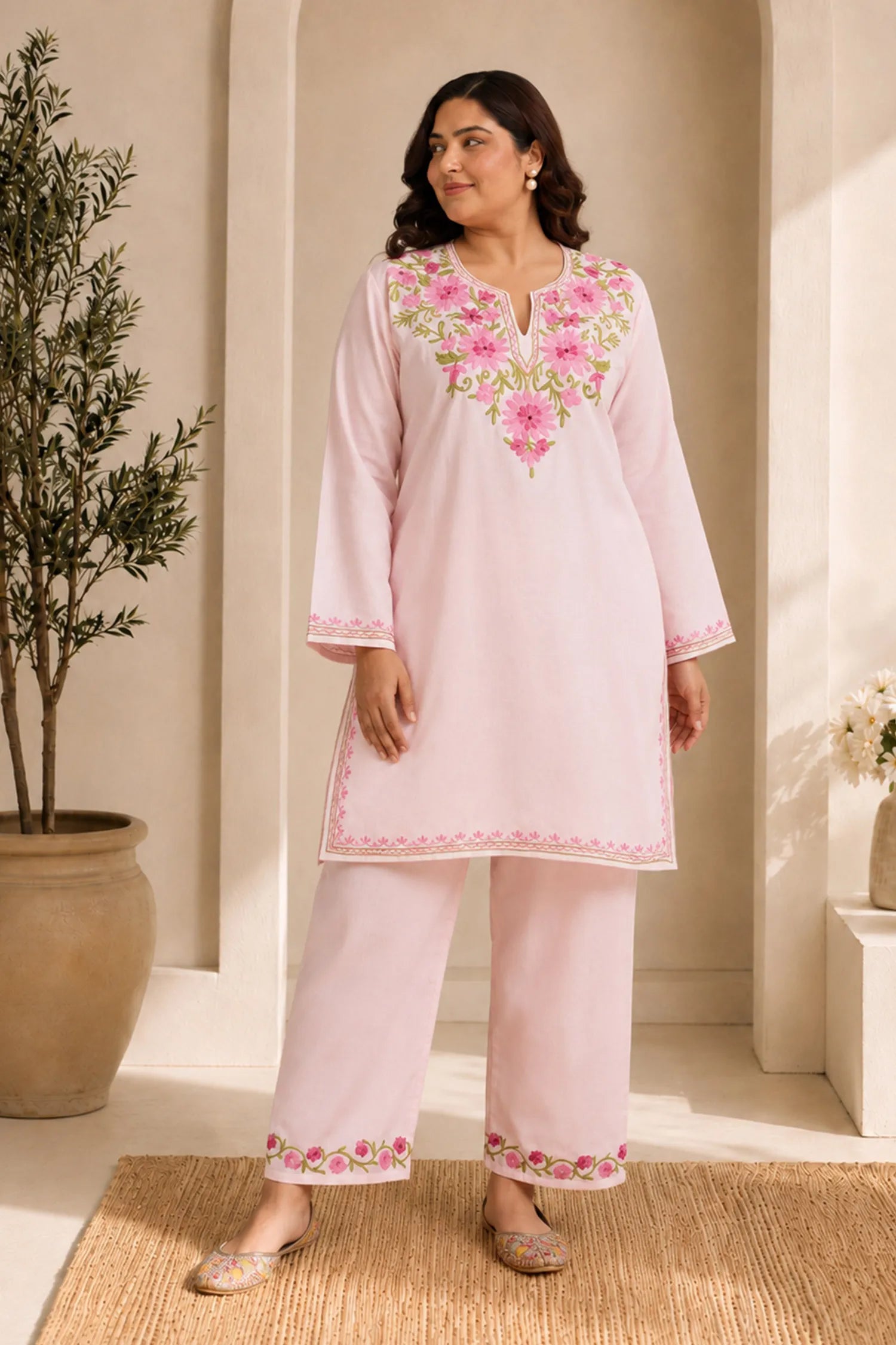 Plus Size - Kashmiri Aari Work Cotton Kurta Set - Baby Pink
