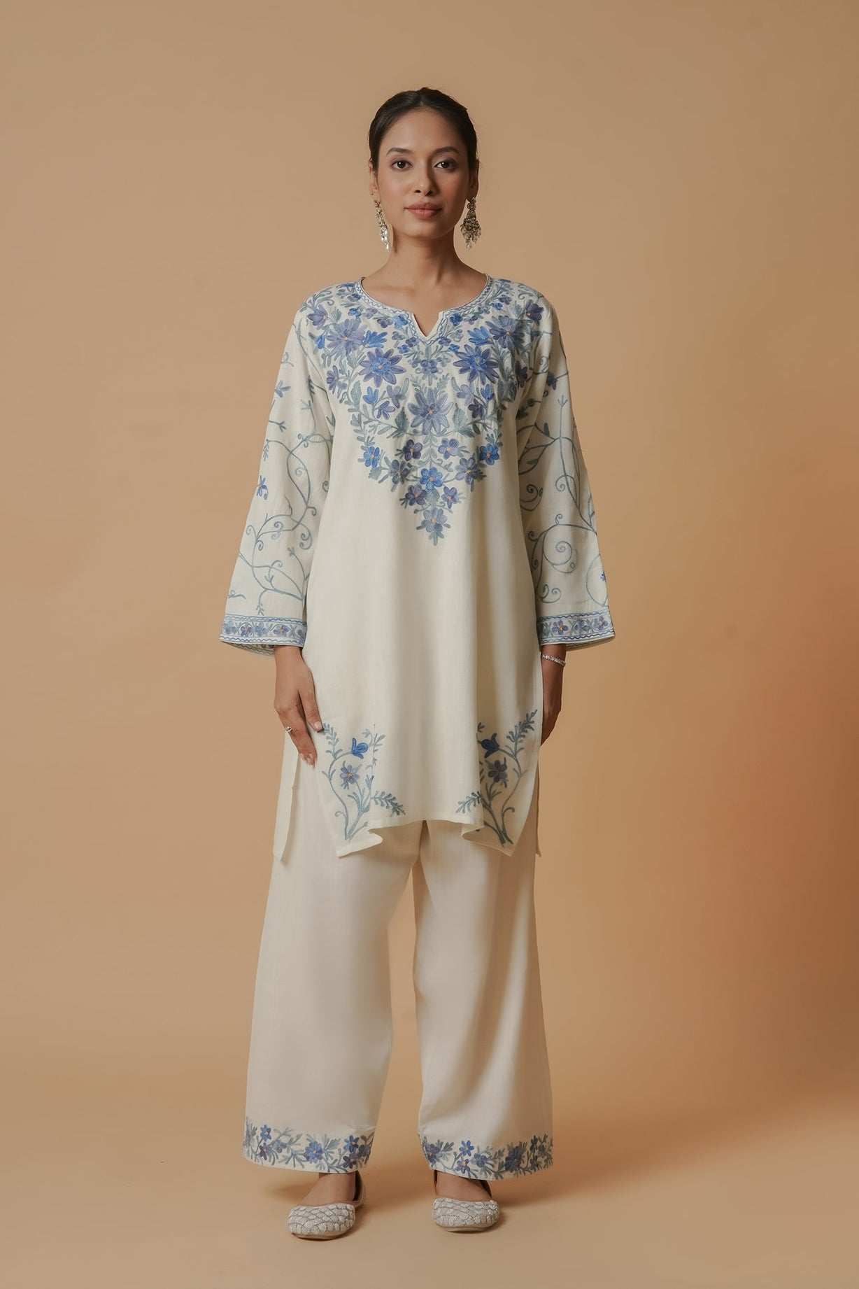 Shivani in Kashmiri Aari Work Cotton Kurta with Farsi Pant - White