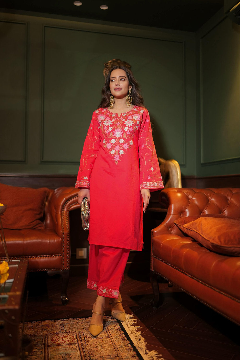 Komal X HOK Kashmiri Aari Embroidered Kurta Set with Farsi Pants - Pink