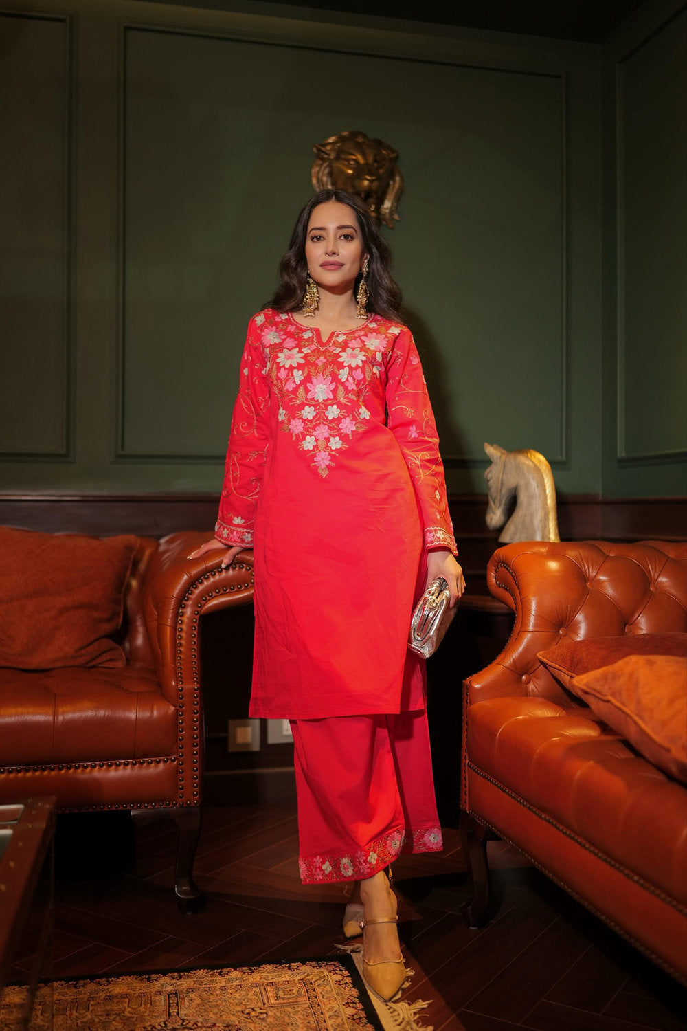 Komal X HOK Kashmiri Aari Embroidered Kurta Set with Farsi Pants - Pink