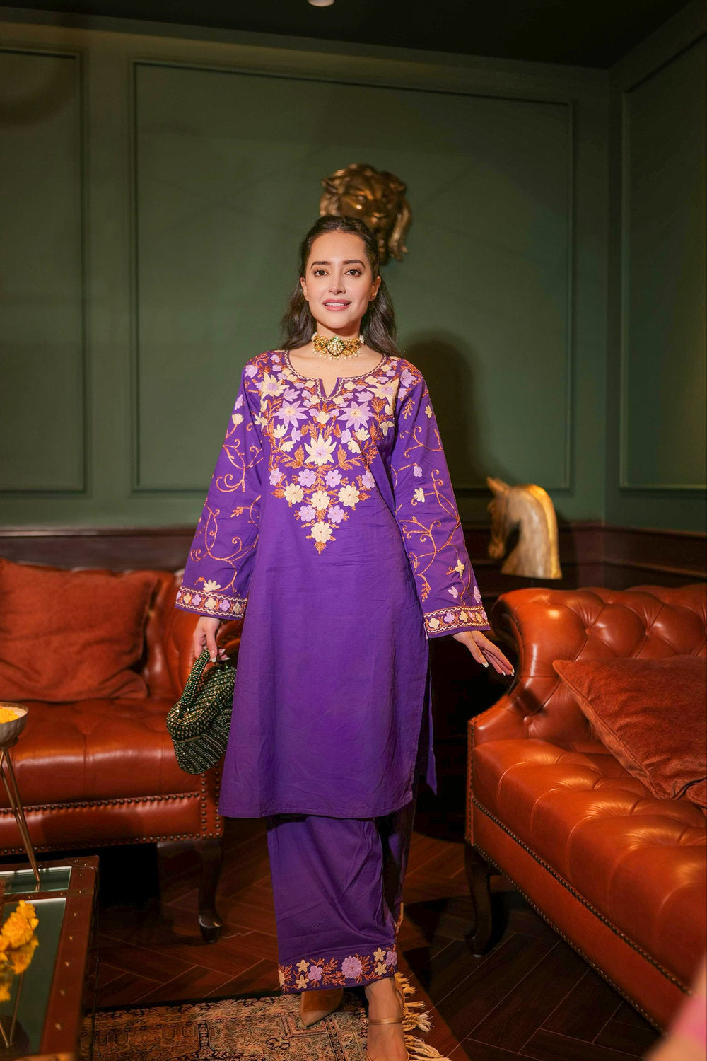 Komal X HOK Kashmiri Aari Embroidered Kurta Set with Farsi Pants - Purple