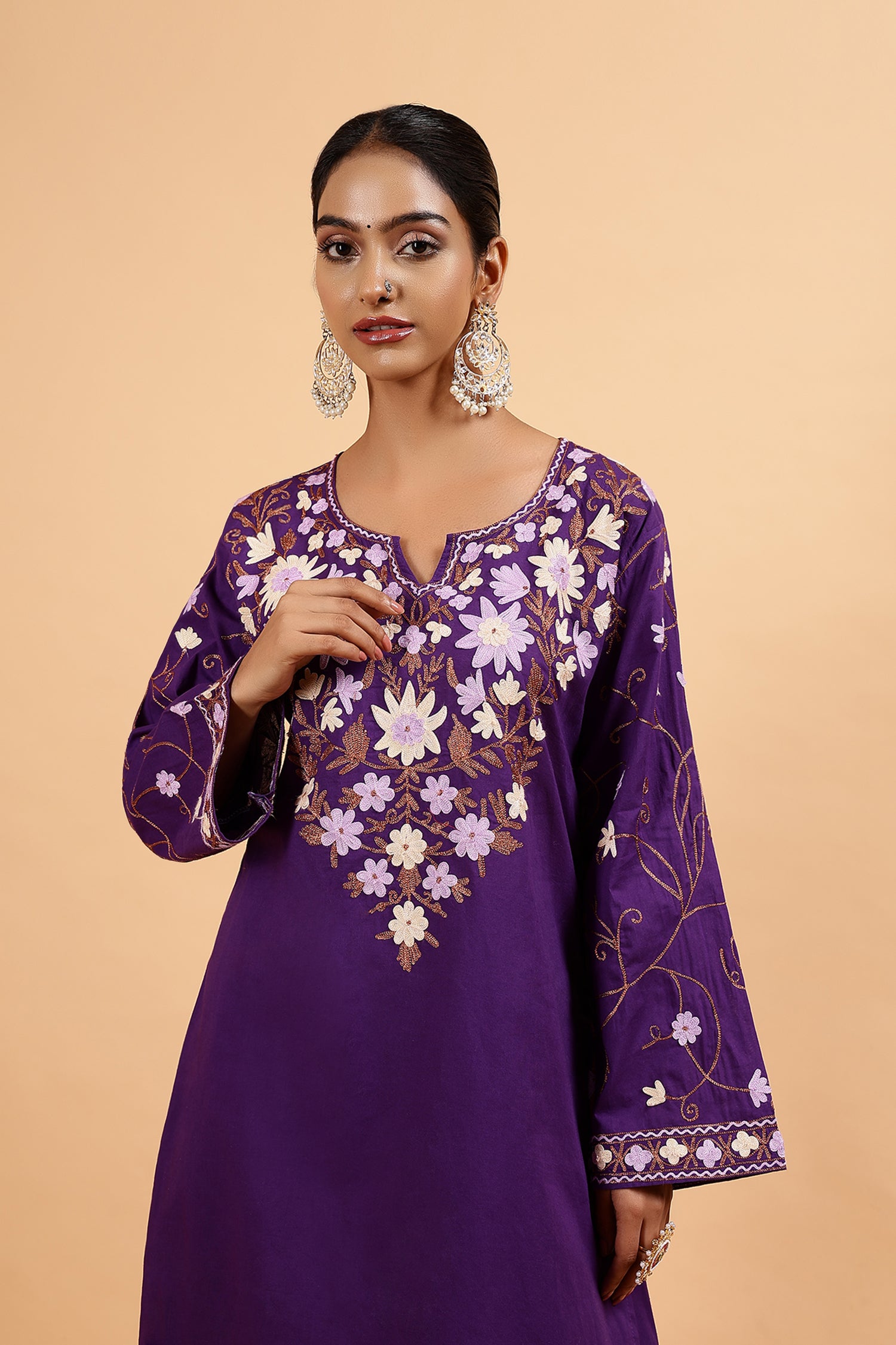 Kashmiri Aari Embroidered Kurta Set with Farsi Pants - Purple