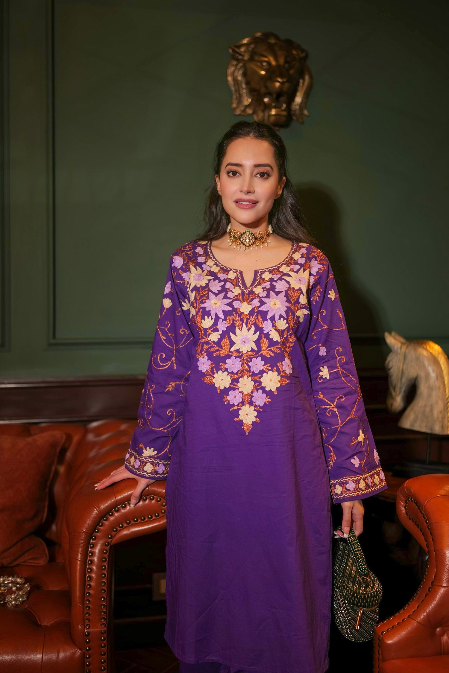 Komal X HOK Kashmiri Aari Embroidered Kurta Set with Farsi Pants - Purple