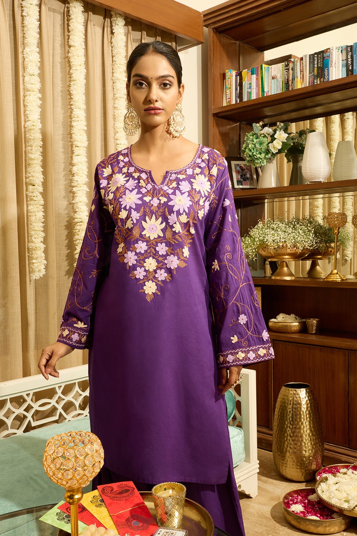 Kashmiri Aari Embroidered Kurta Set with Farsi Pants - Purple