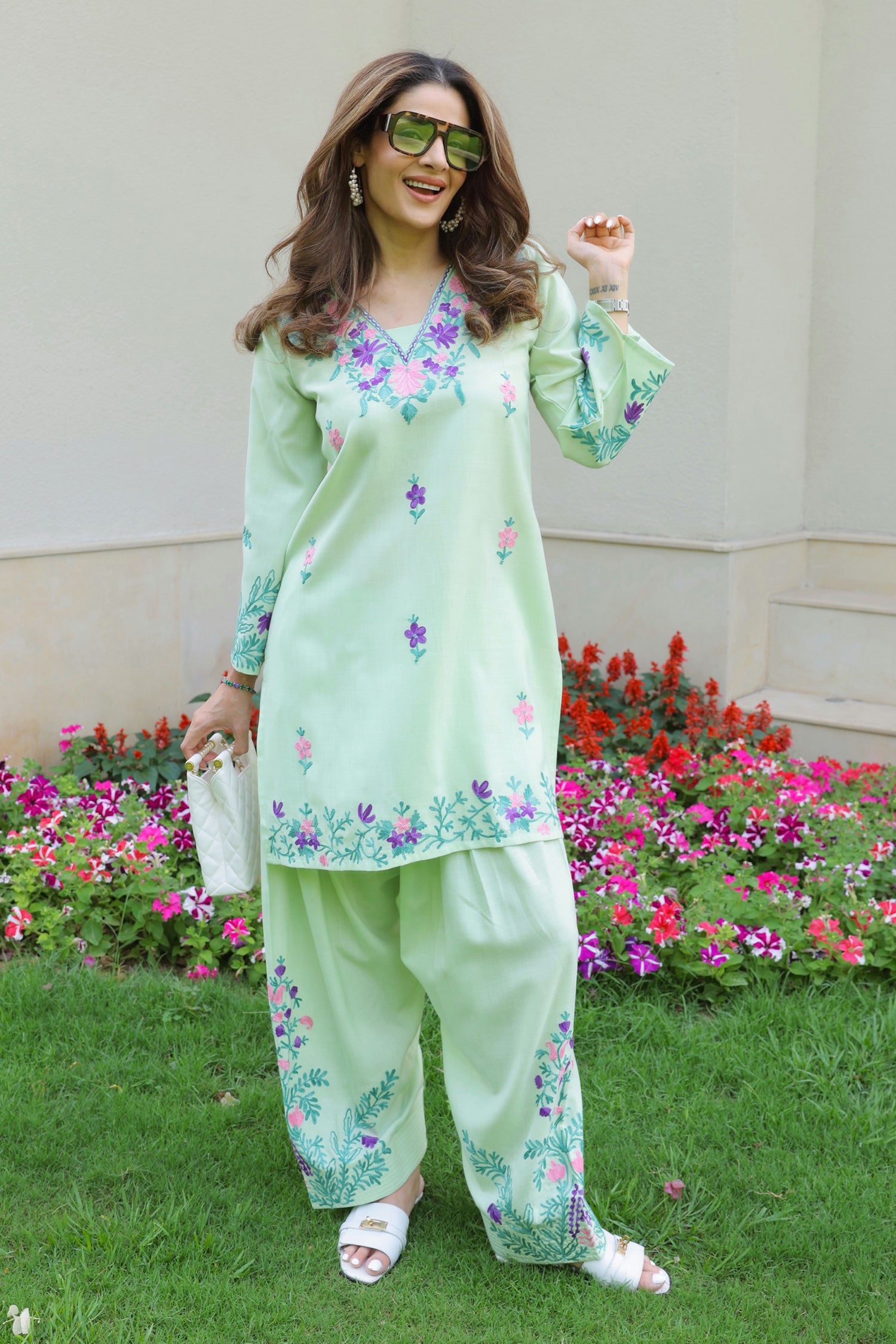 Priyanka x HOK in Cotton Kurta Set in Kashmiri Aari - Pastel Green