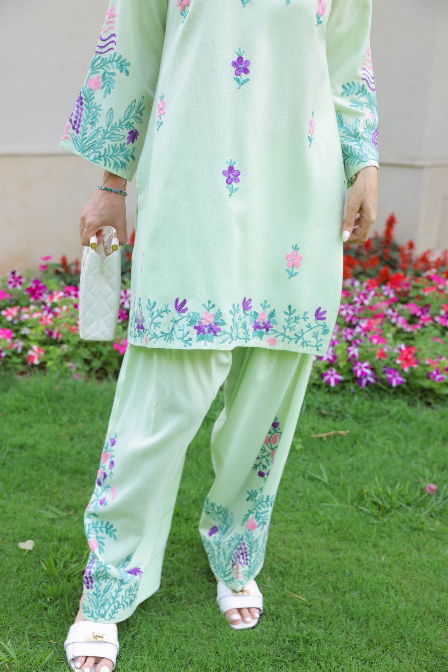 Priyanka x HOK in Cotton Kurta Set in Kashmiri Aari - Pastel Green